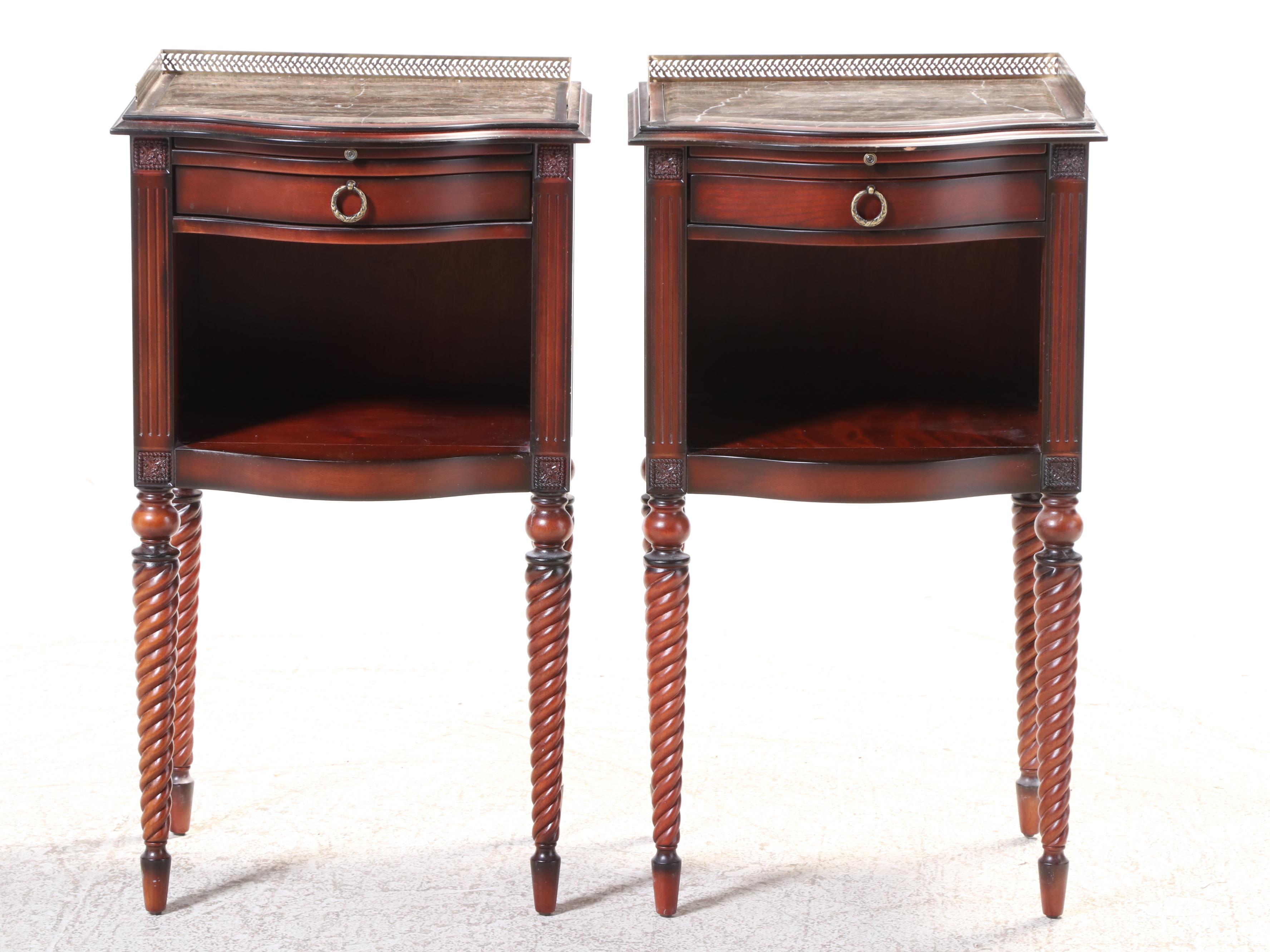 Pair of Bombay Company Classical Style Mahogany-Stained & Marble Top Nightstands