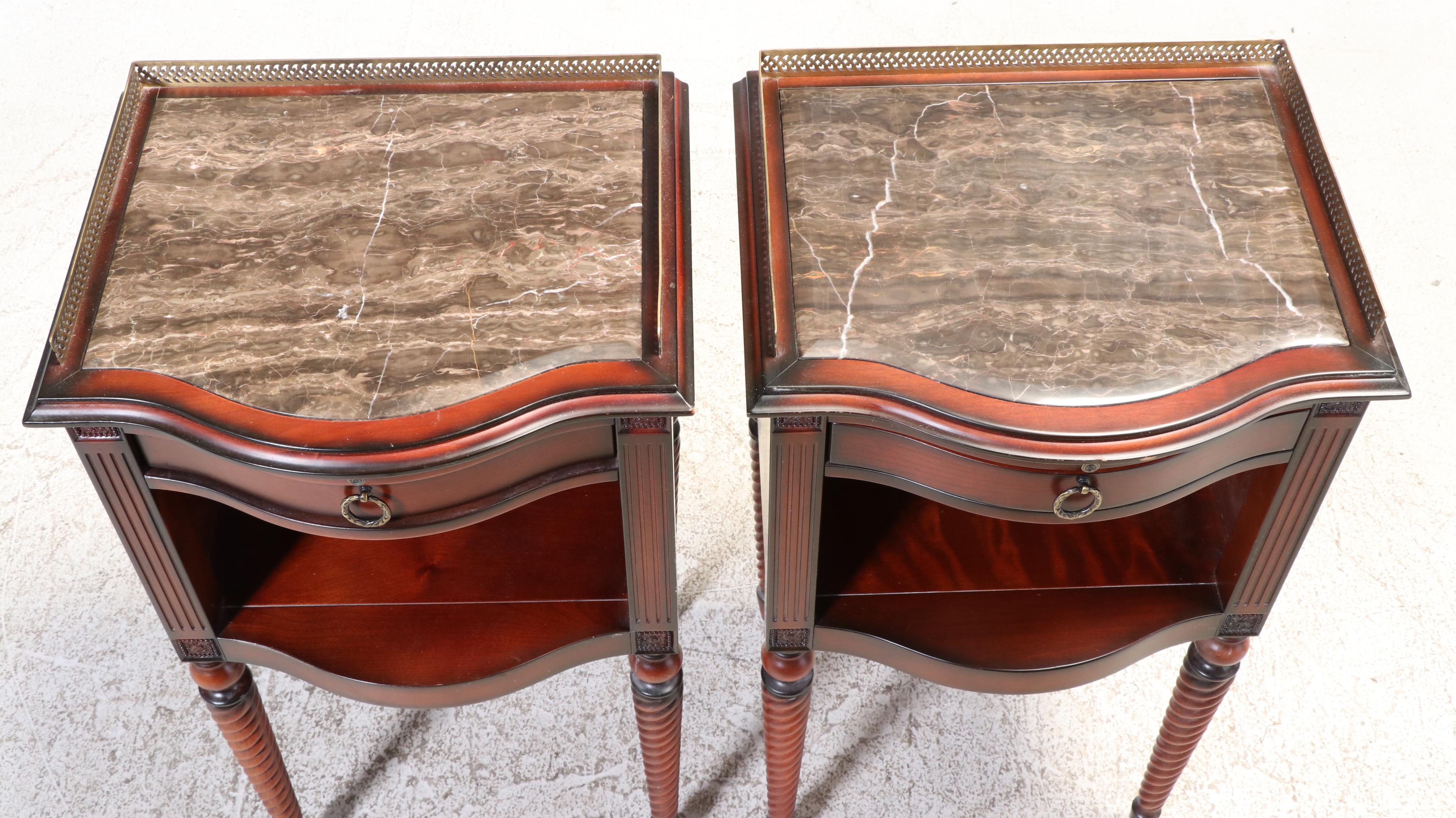 Pair of Bombay Company Classical Style Mahogany-Stained & Marble Top Nightstands