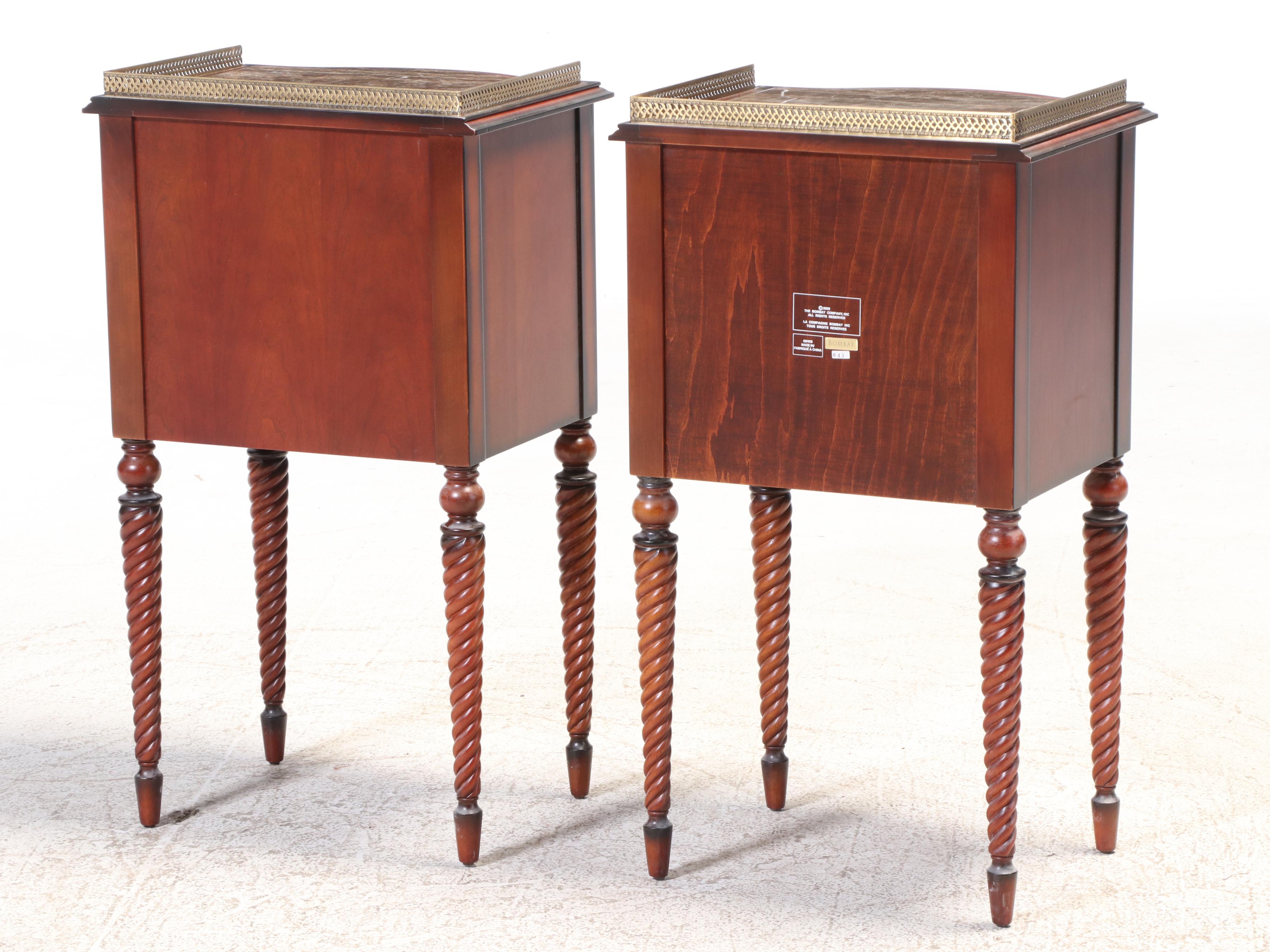 Pair of Bombay Company Classical Style Mahogany-Stained & Marble Top Nightstands