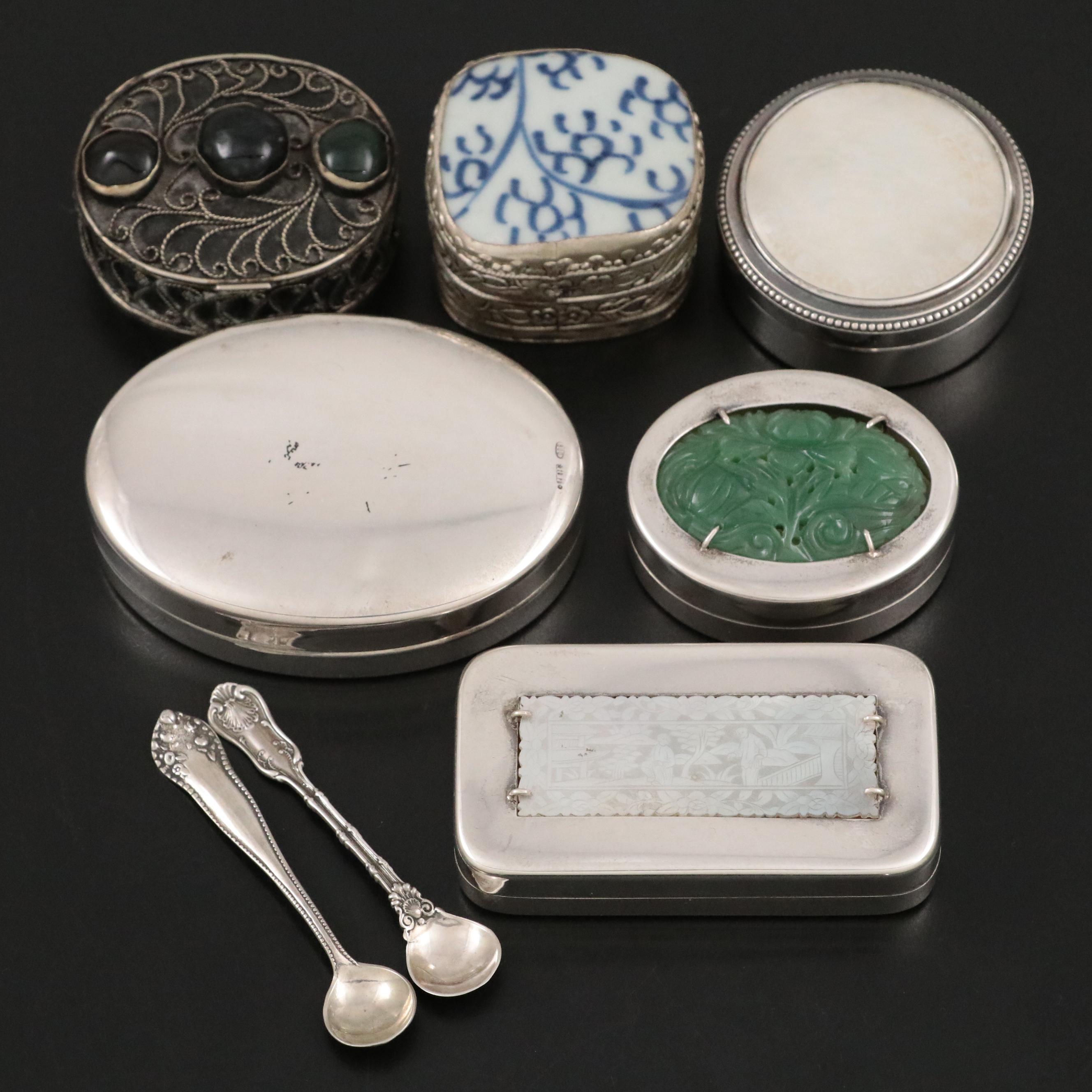 Sterling Silver Salt Spoons with Sterling, 800 Silver, and Silver Plate Boxes