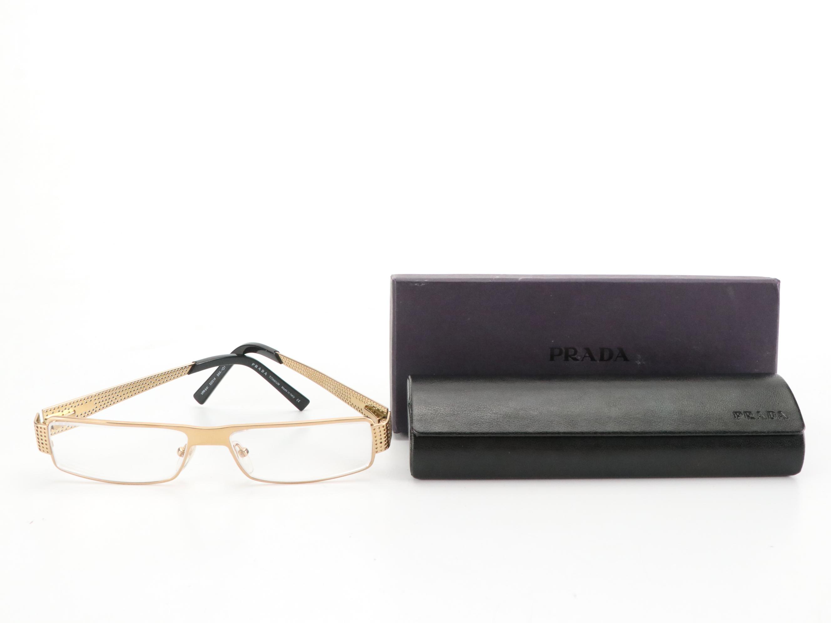 Prada VPR641 5AK-1O1 Rectangular Perforated Titanium Eyeglasses in Case
