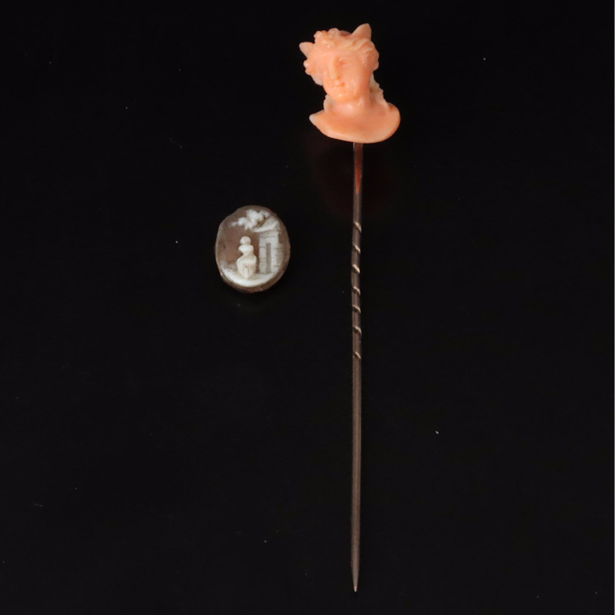 Victorian 9K Rose Gold High Relief Coral Stick Pin & Rebecca at the Well Cameo