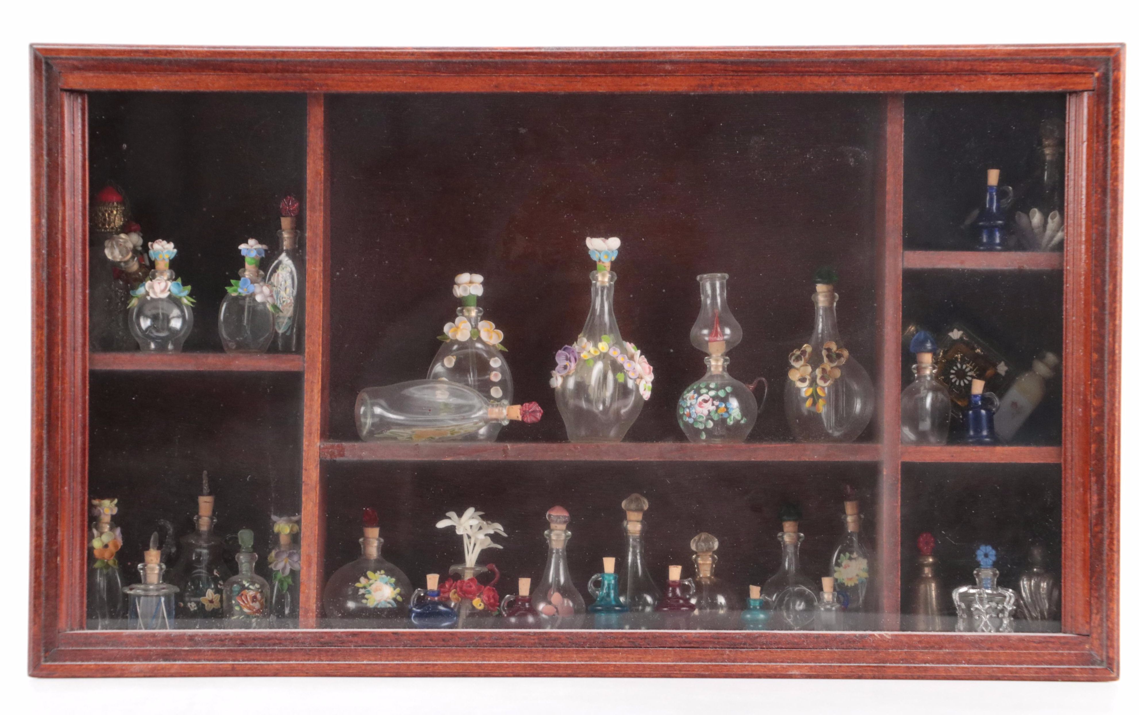 Miniature Glass Bottles in Shadow Box with Flower Painting