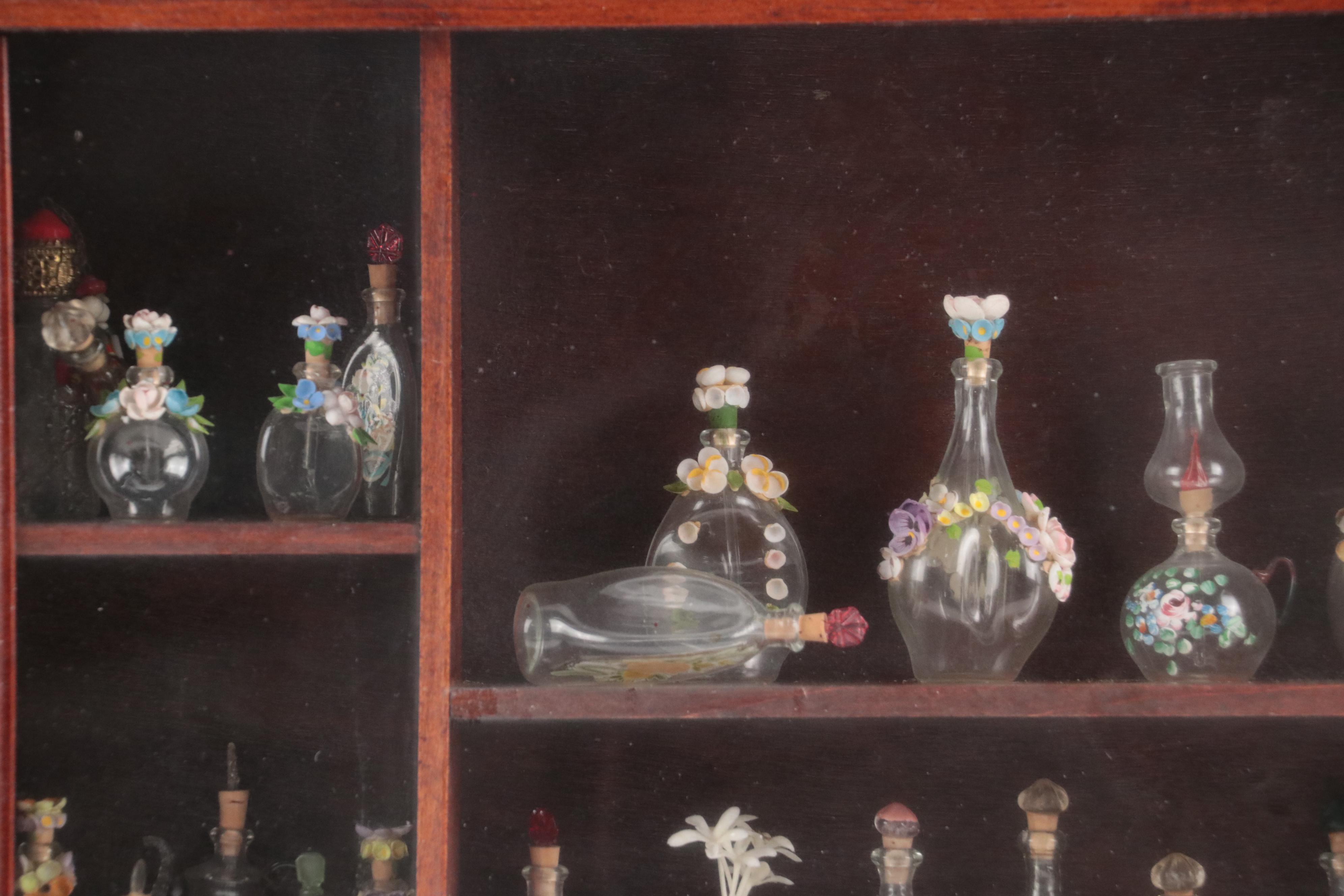 Miniature Glass Bottles in Shadow Box with Flower Painting
