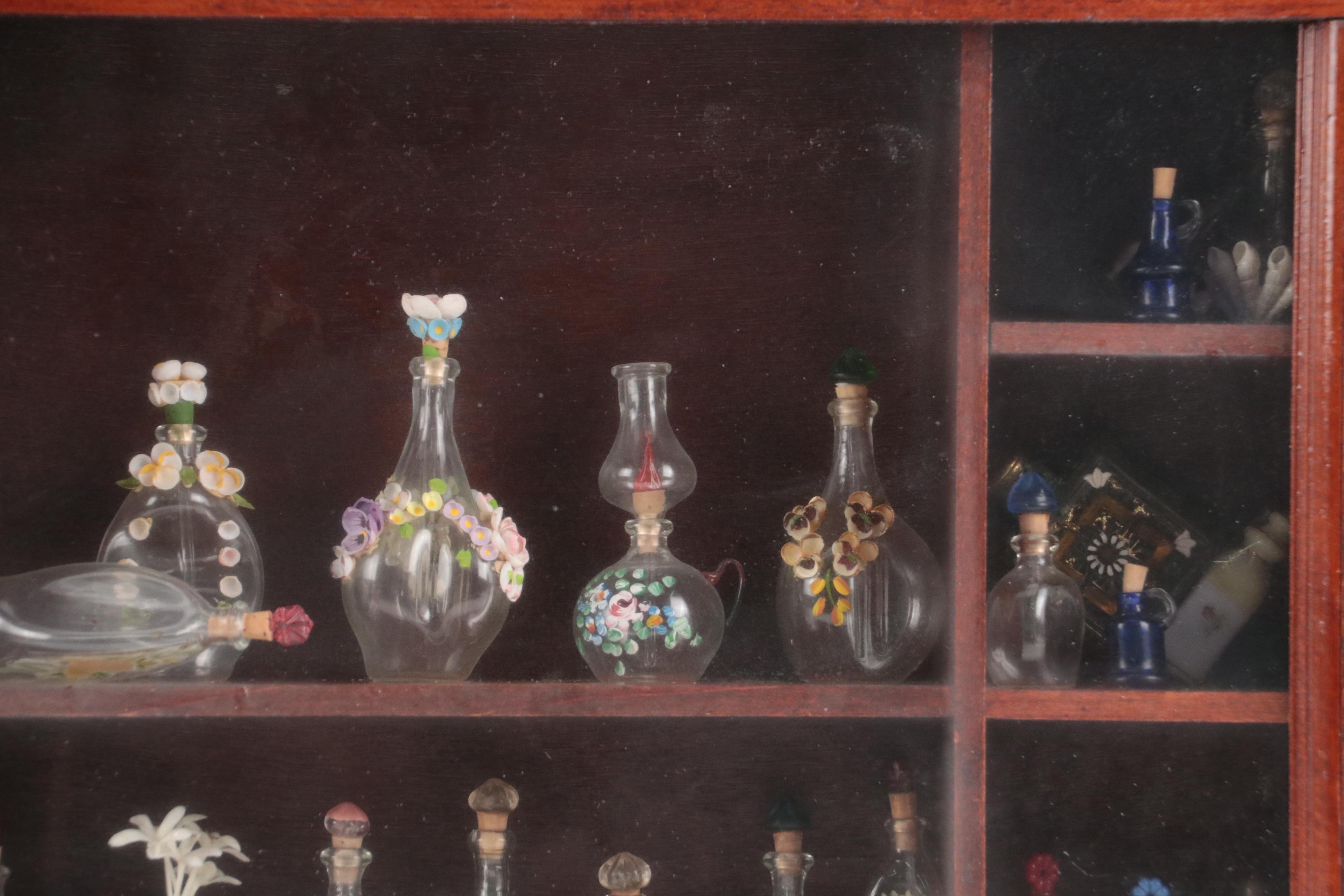 Miniature Glass Bottles in Shadow Box with Flower Painting
