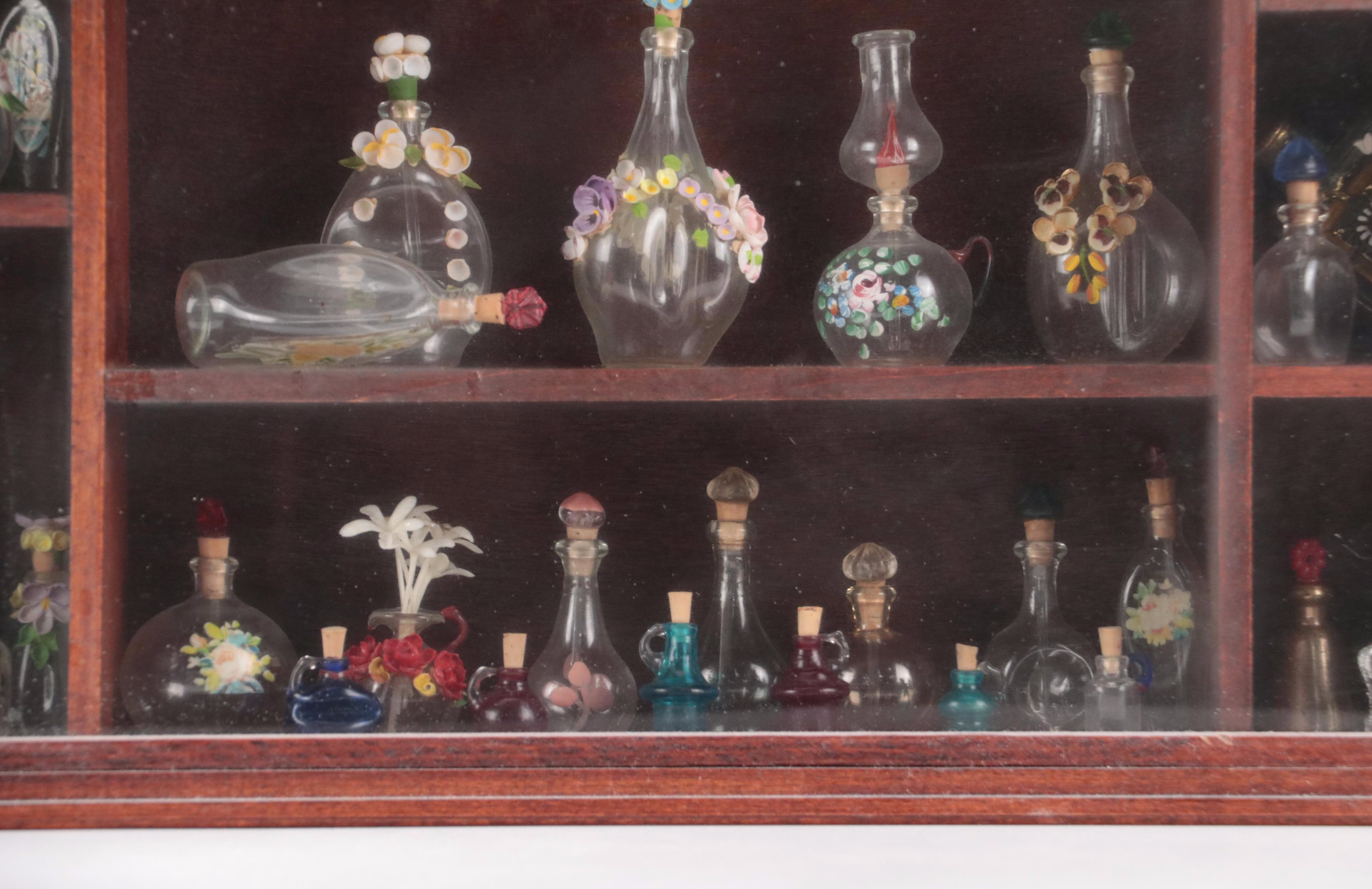 Miniature Glass Bottles in Shadow Box with Flower Painting