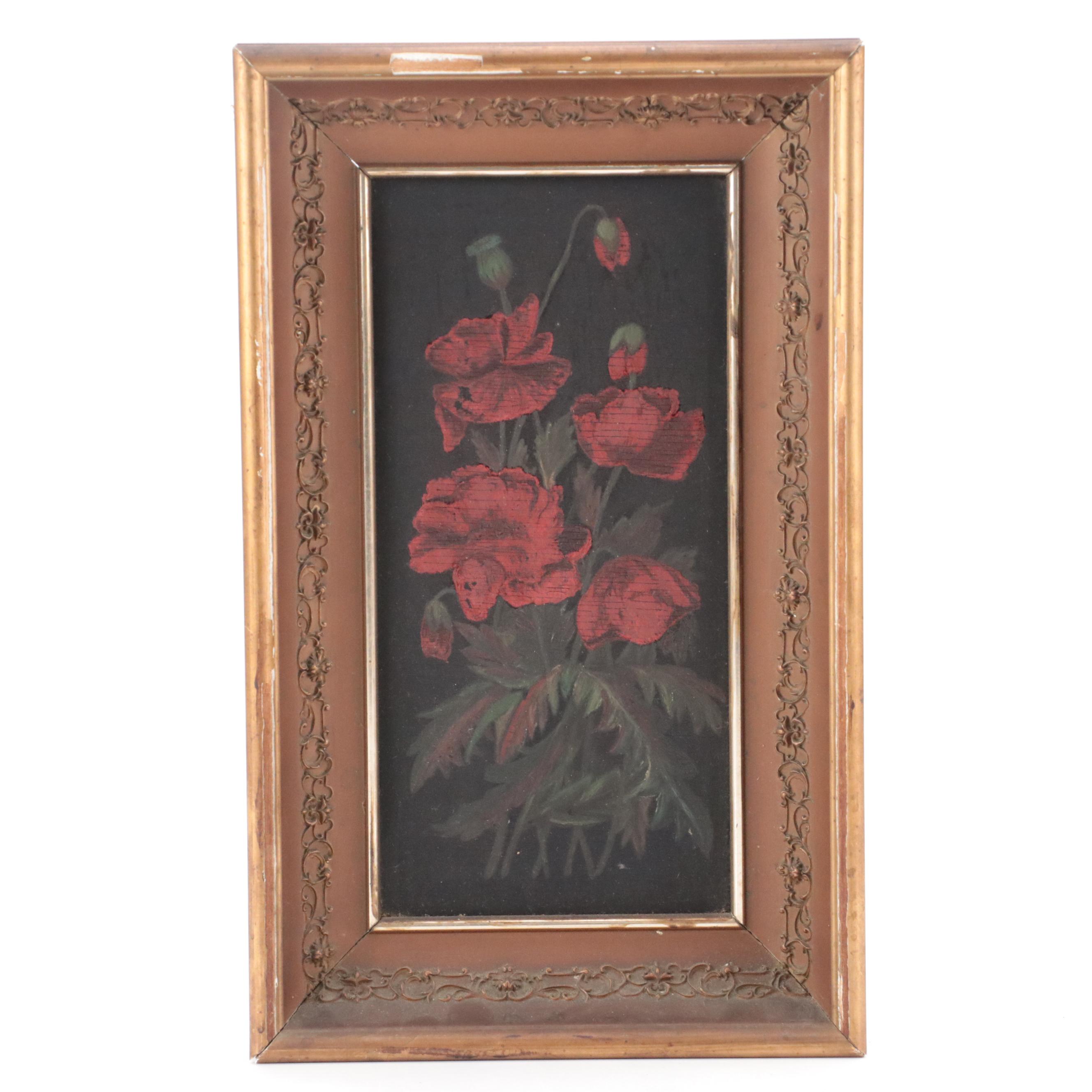 Miniature Glass Bottles in Shadow Box with Flower Painting