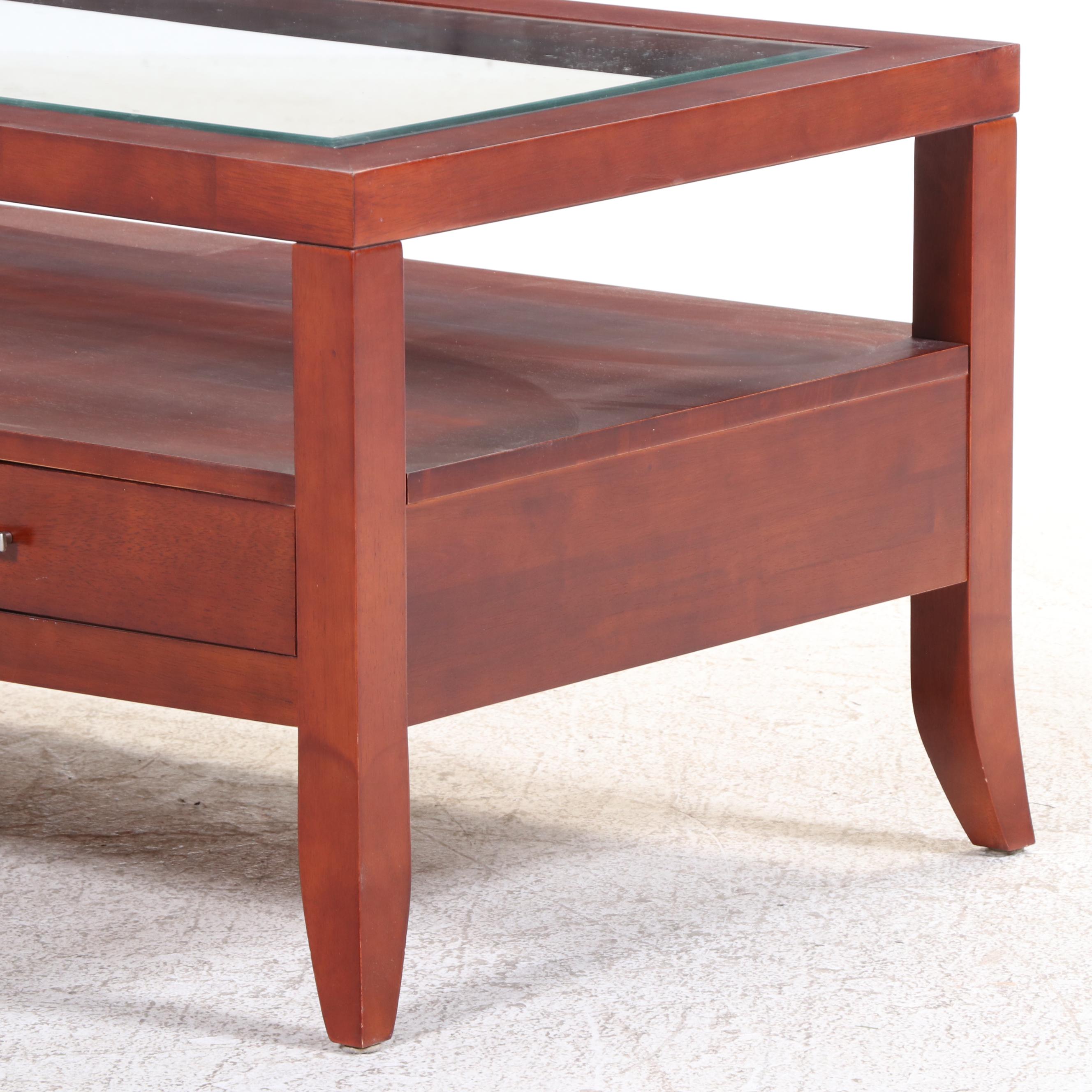 Contemporary Hardwood Two-Drawer Coffee Table with Glass Top