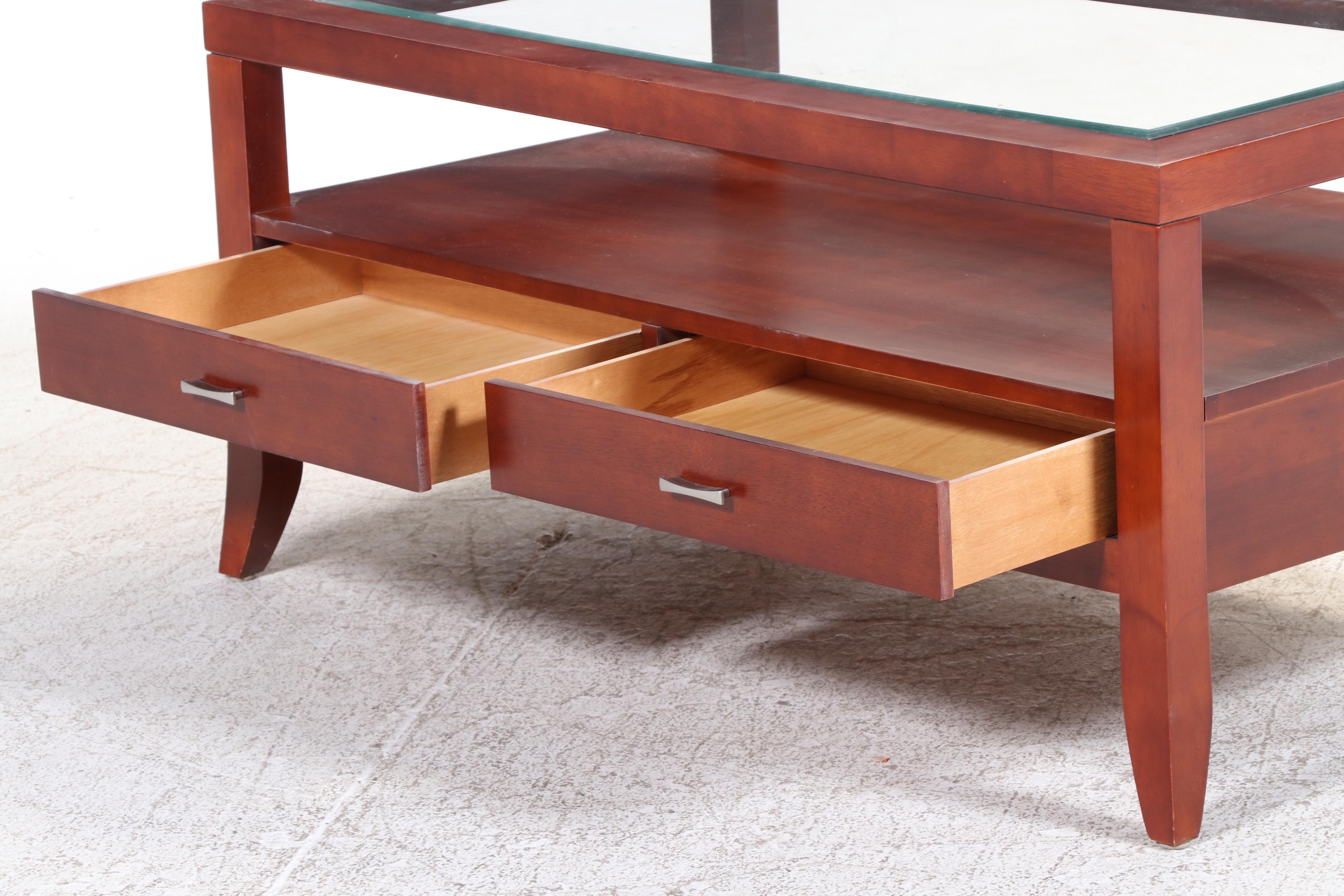 Contemporary Hardwood Two-Drawer Coffee Table with Glass Top