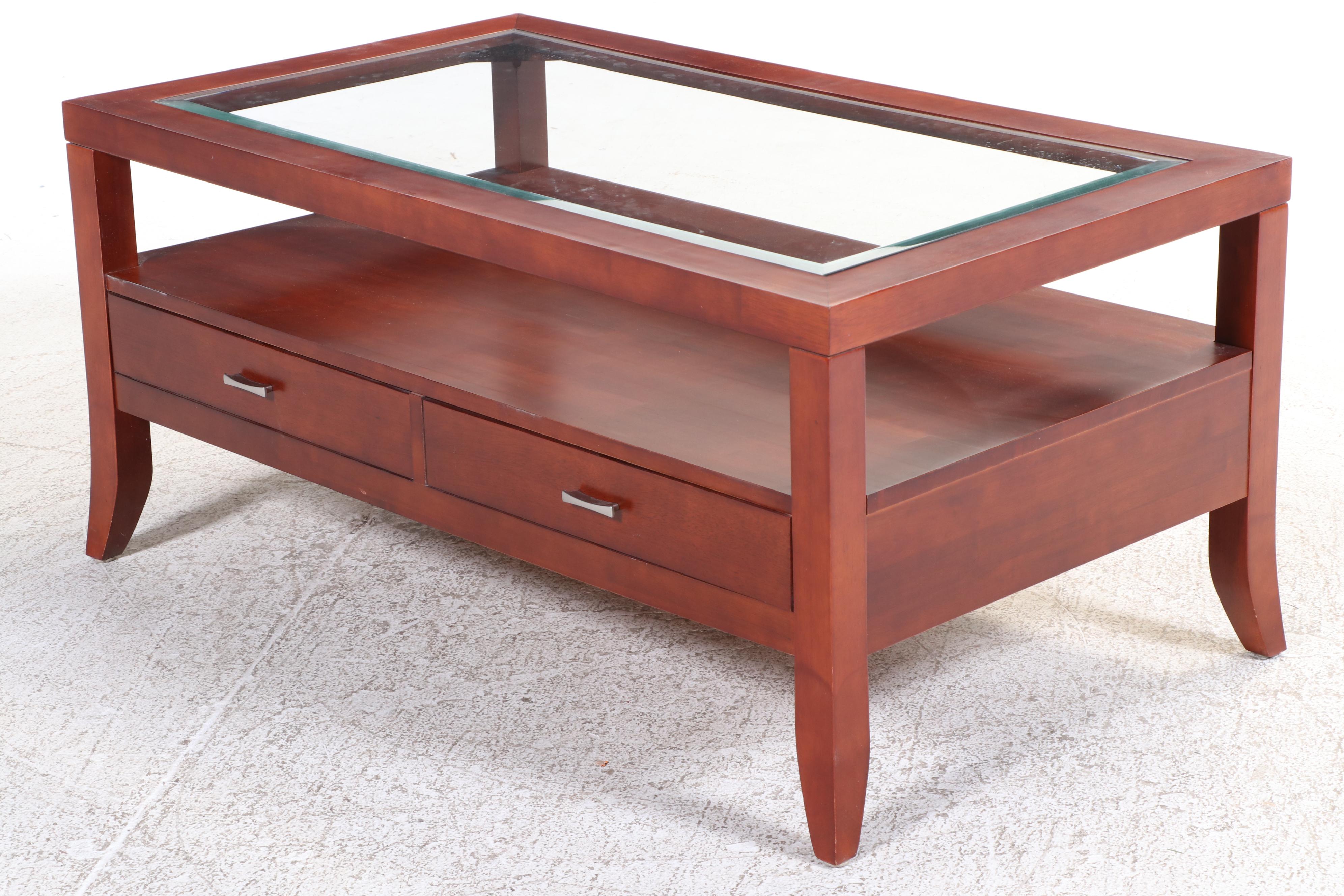 Contemporary Hardwood Two-Drawer Coffee Table with Glass Top