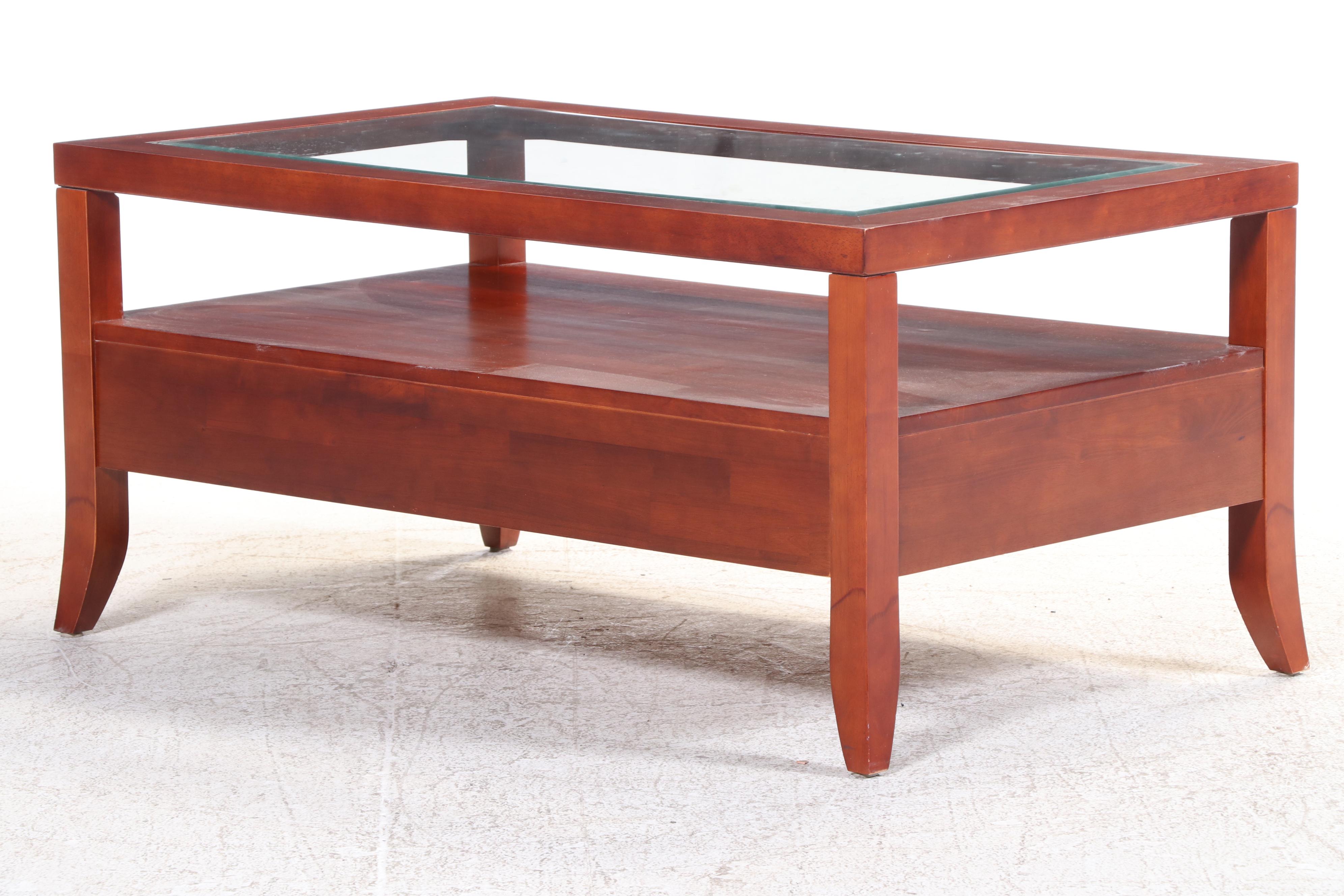 Contemporary Hardwood Two-Drawer Coffee Table with Glass Top