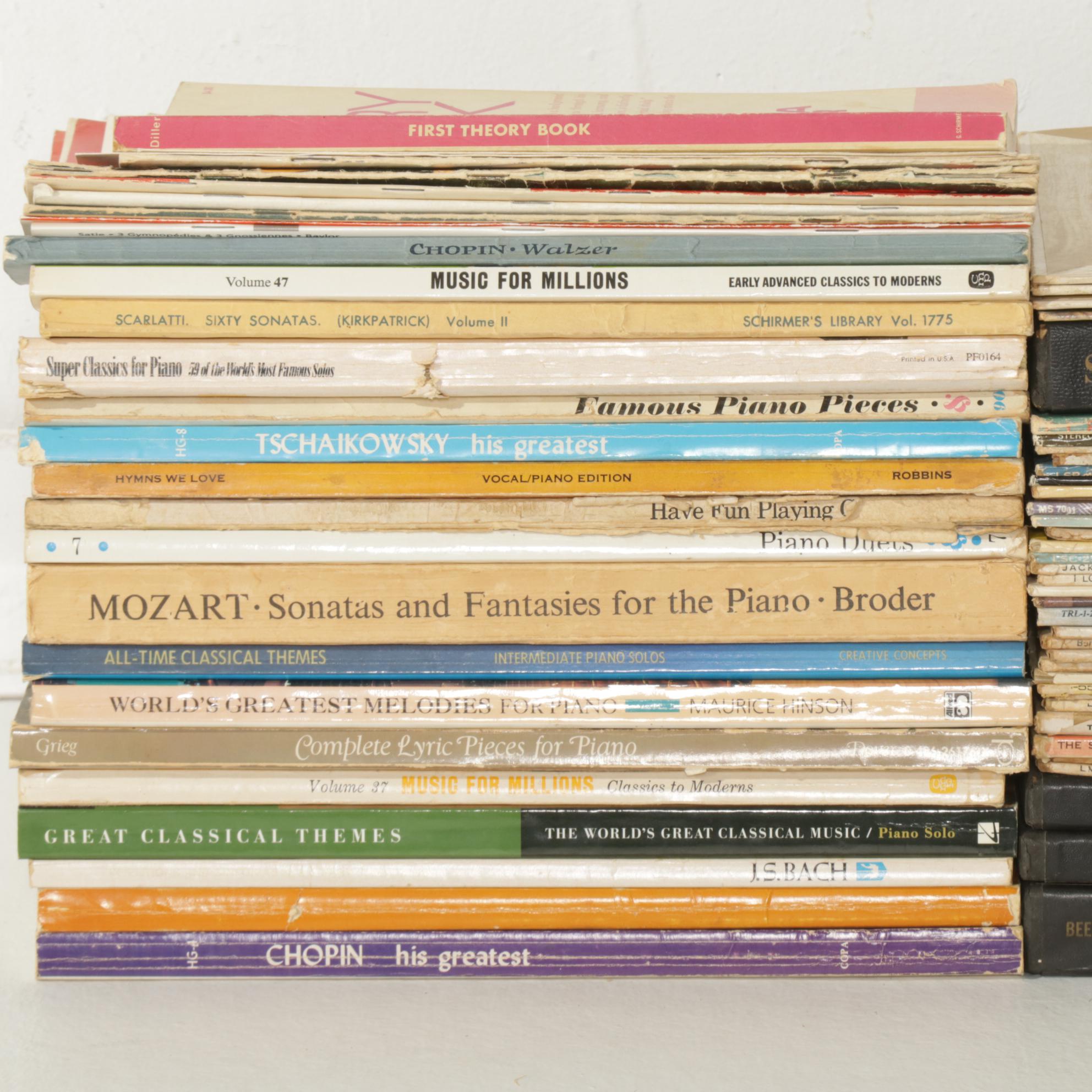 Classical Piano Sheet Music Books with LP Record Mix Including Latin, Musicals