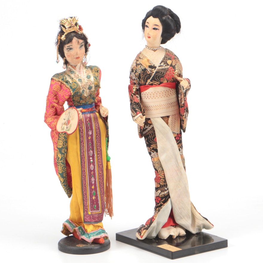 East Asian Figural Dolls Including "Geisha" Shamisen Player