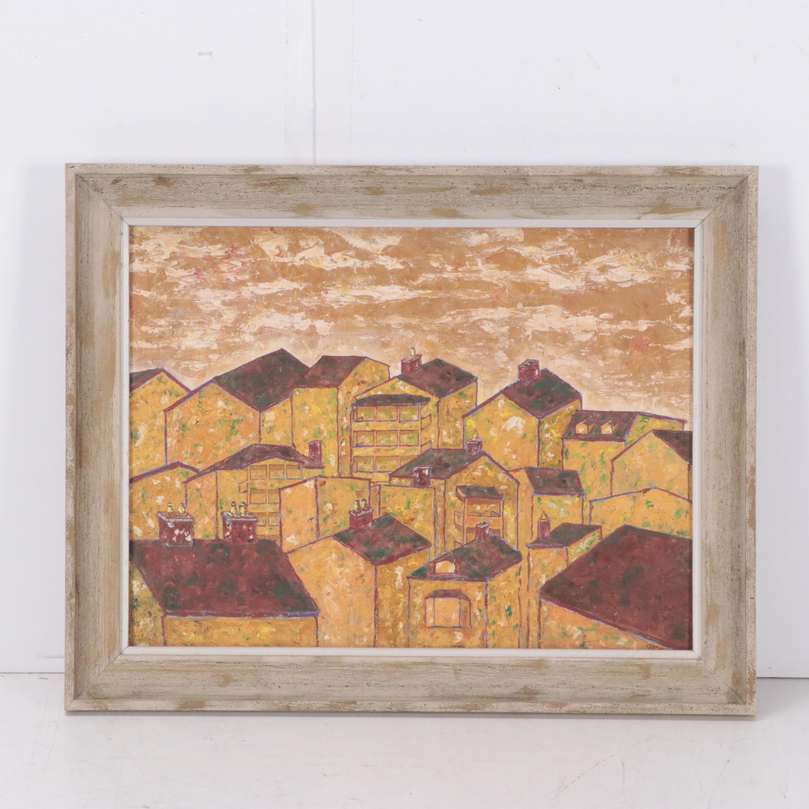 Oliver Clarry Oil Painting Cityscape "Study in Brown," Mid-20th Century