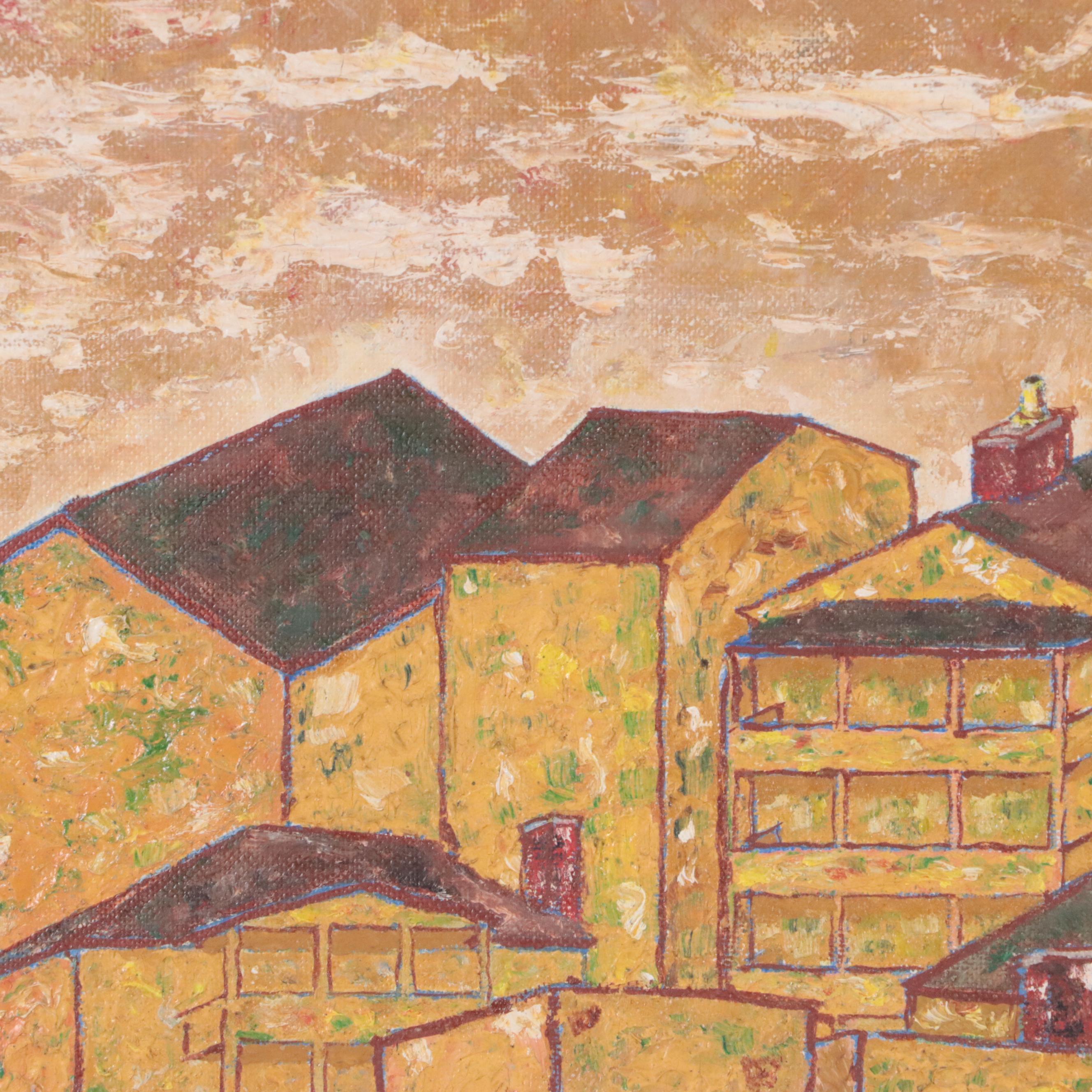 Oliver Clarry Oil Painting Cityscape "Study in Brown," Mid-20th Century