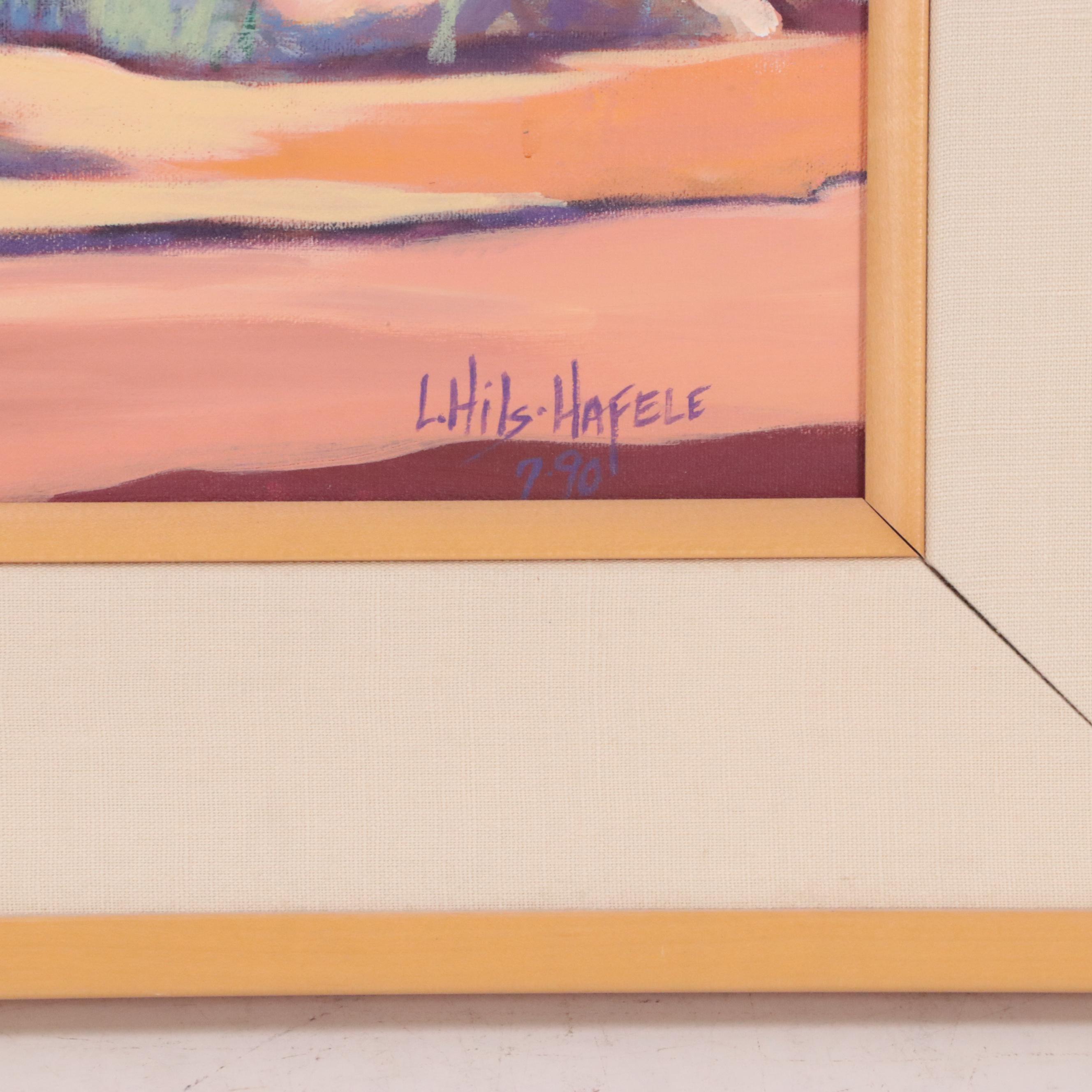 L. Hils Hafele Desert Landscape Acrylic Painting, 1990