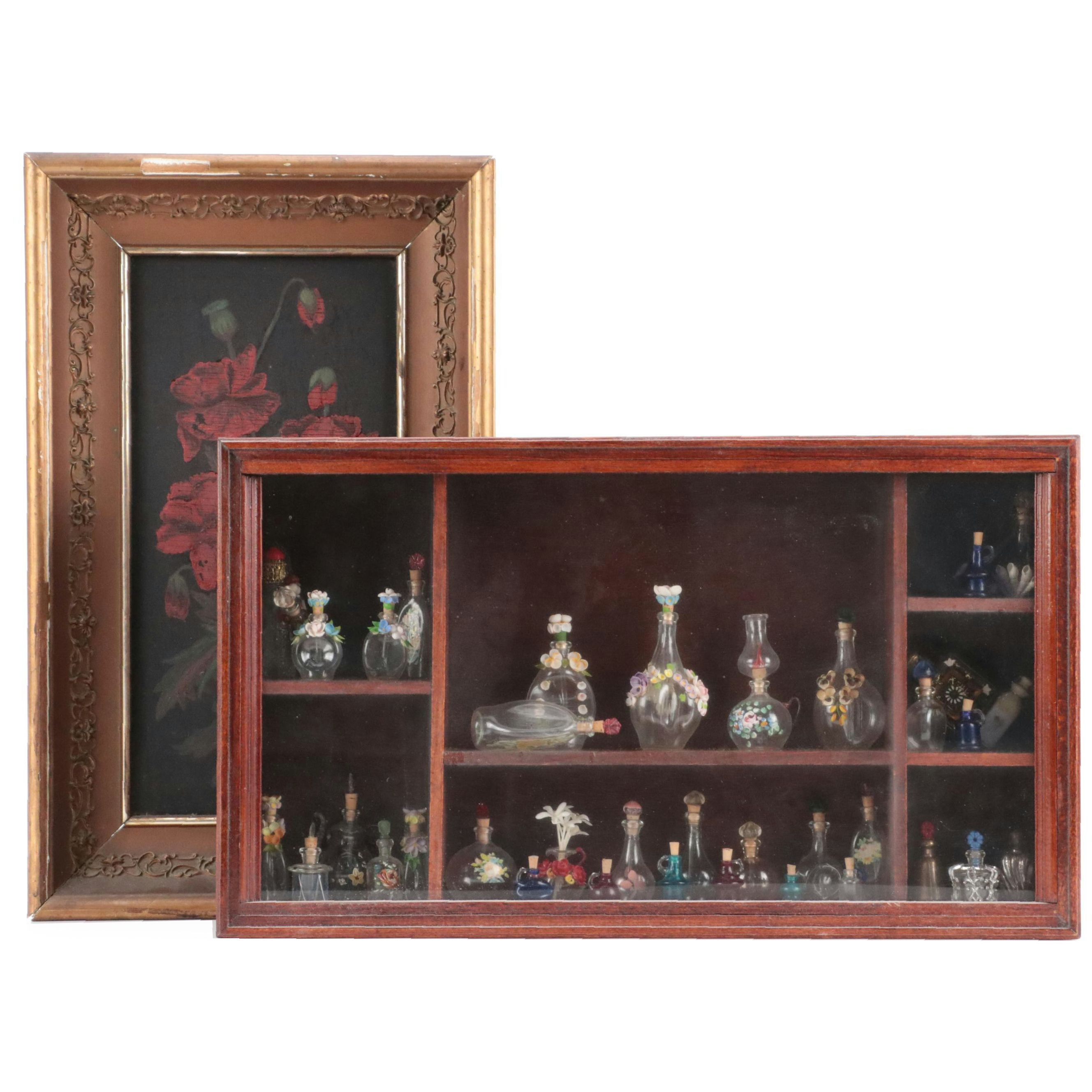 Miniature Glass Bottles in Shadow Box with Flower Painting