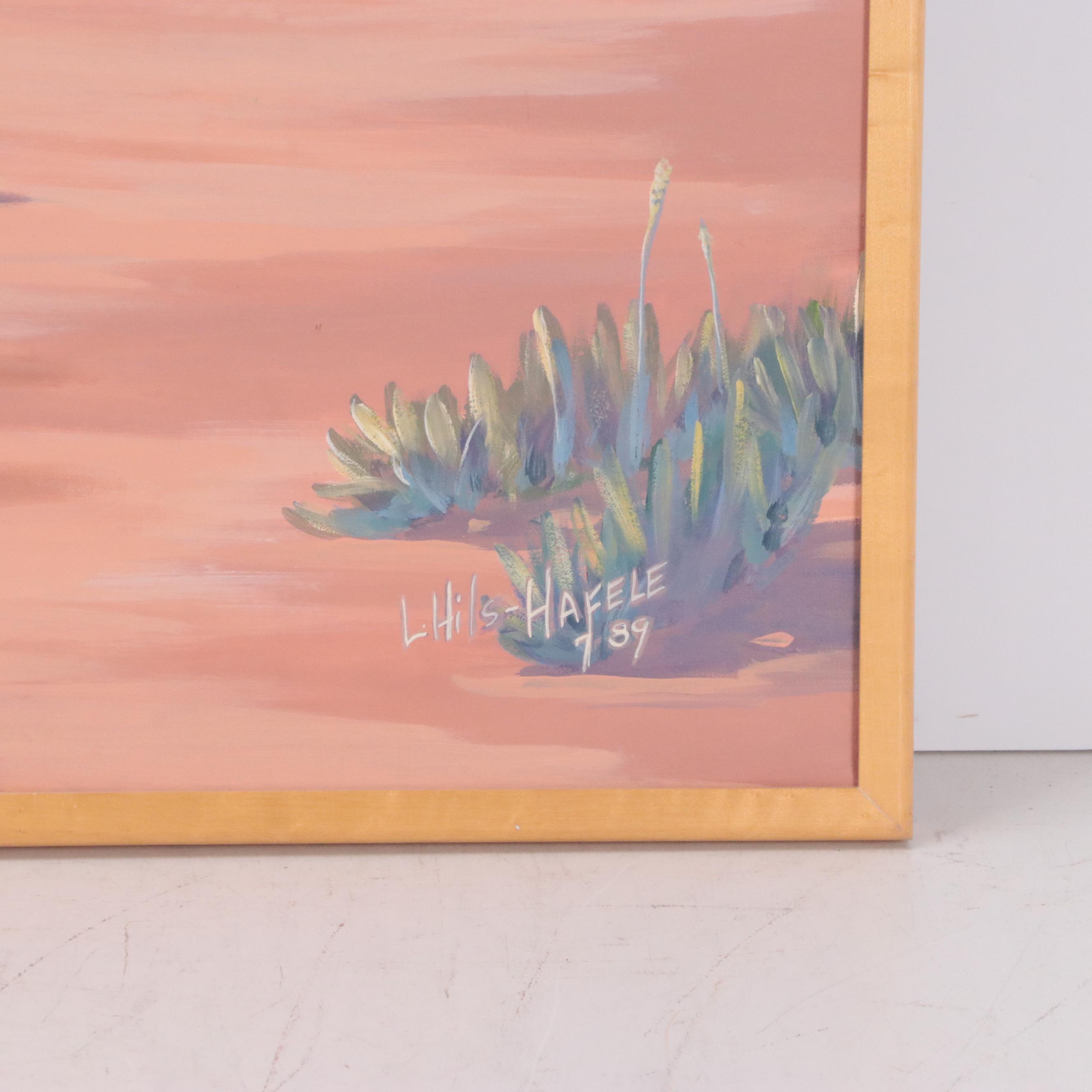 L. Hils Hafele Desert Landscape Acrylic Painting, 1989