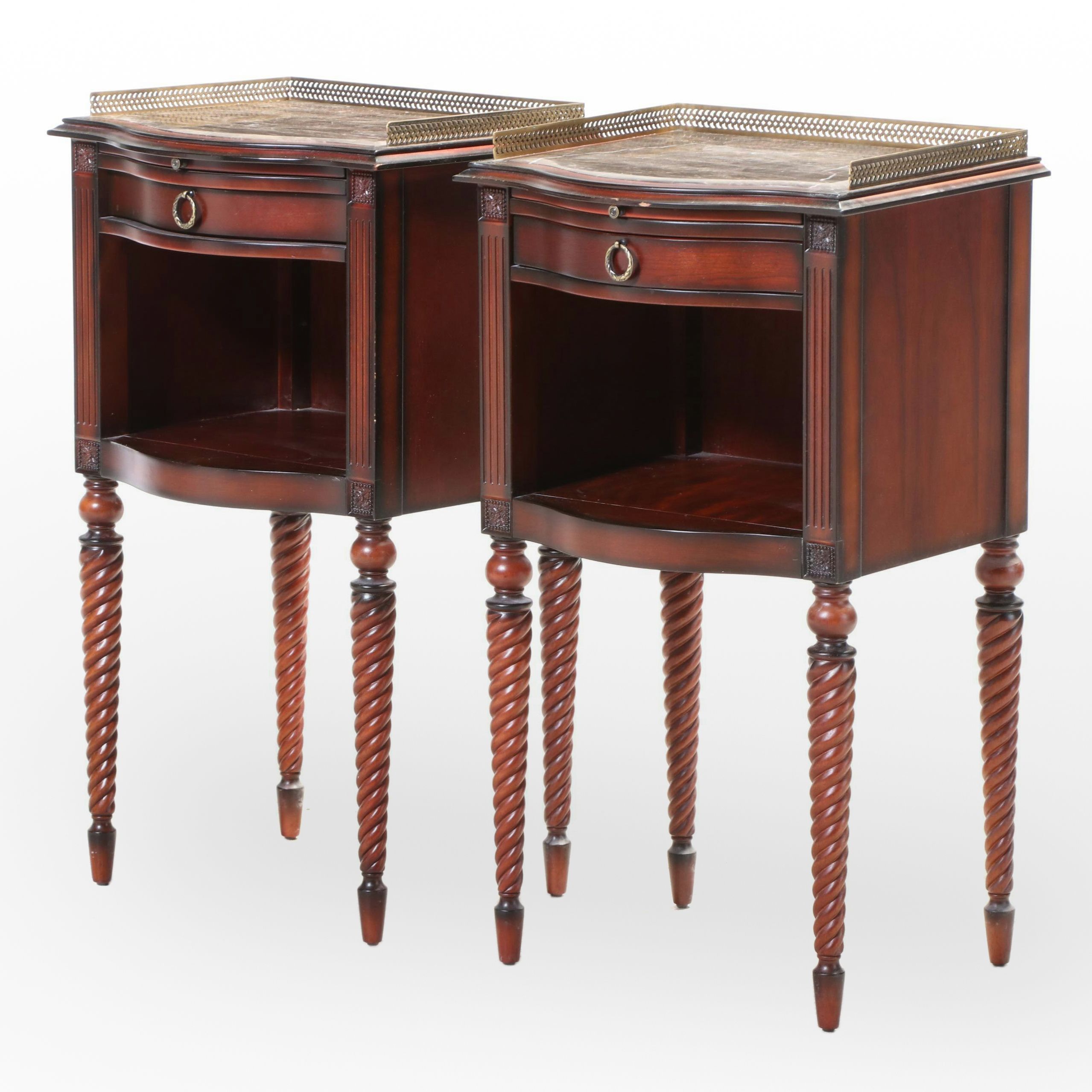 Pair of Bombay Company Classical Style Mahogany-Stained & Marble Top Nightstands