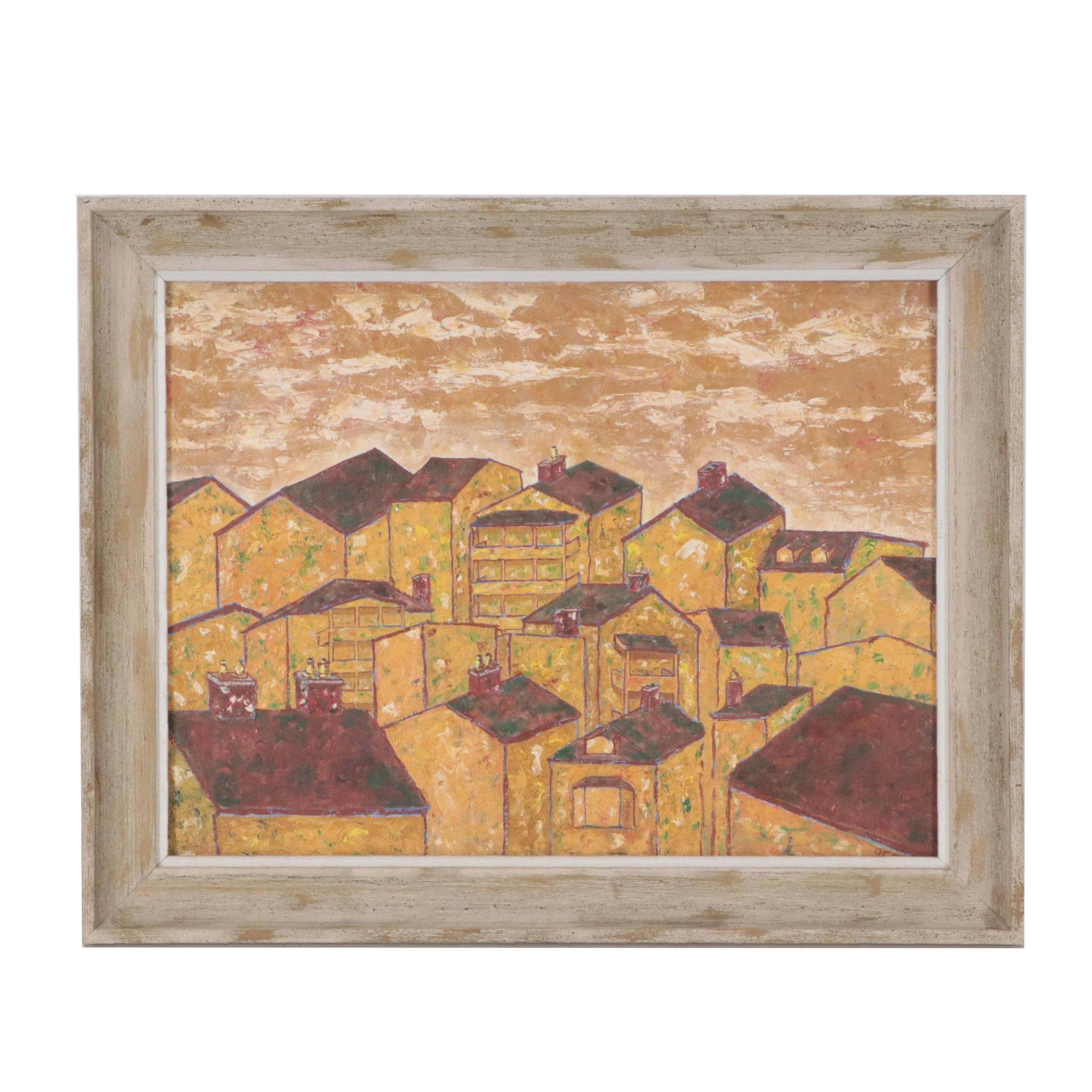 Oliver Clarry Oil Painting Cityscape "Study in Brown," Mid-20th Century