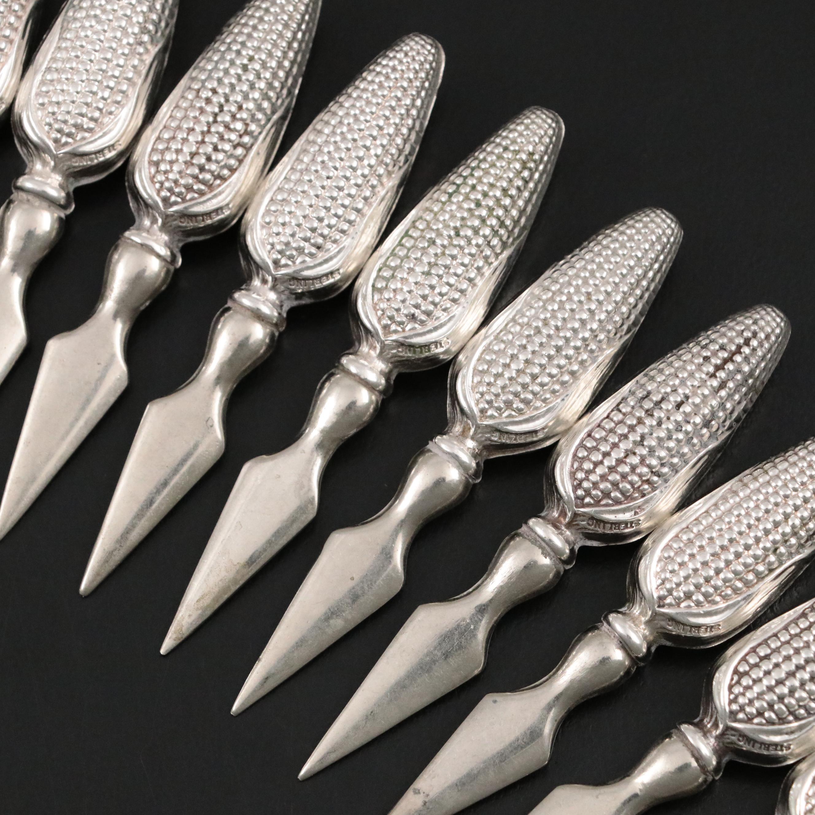 Sterling Silver and Stainless Steel Corn Cob Holders, Mid-20th Century
