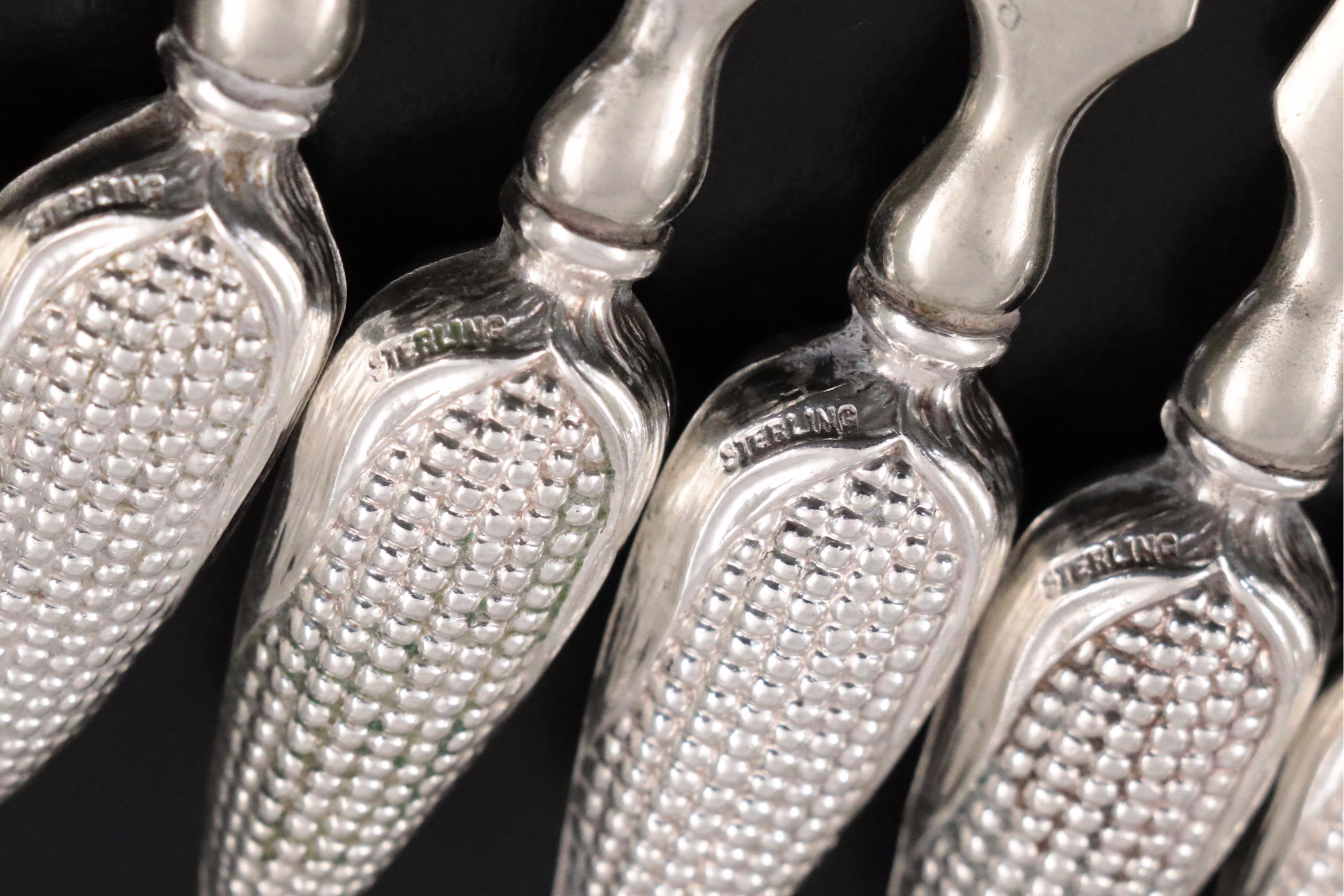 Sterling Silver and Stainless Steel Corn Cob Holders, Mid-20th Century