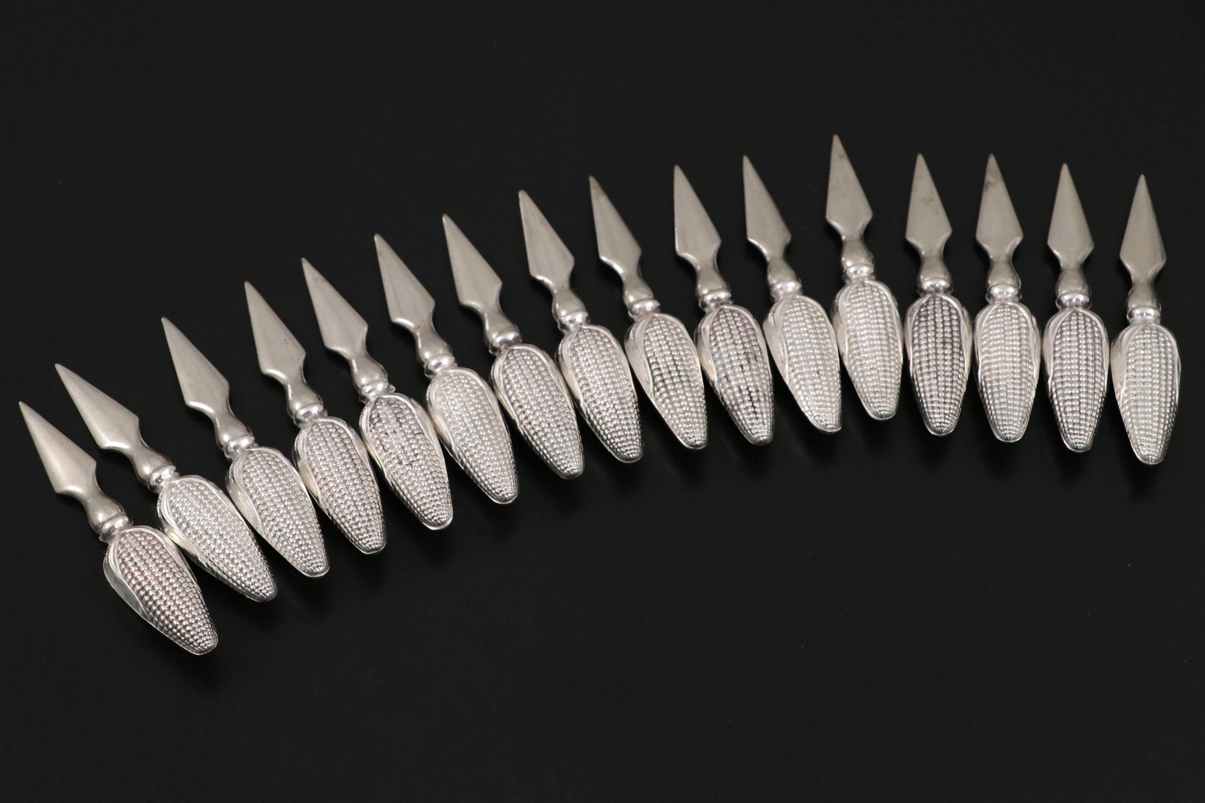 Sterling Silver and Stainless Steel Corn Cob Holders, Mid-20th Century