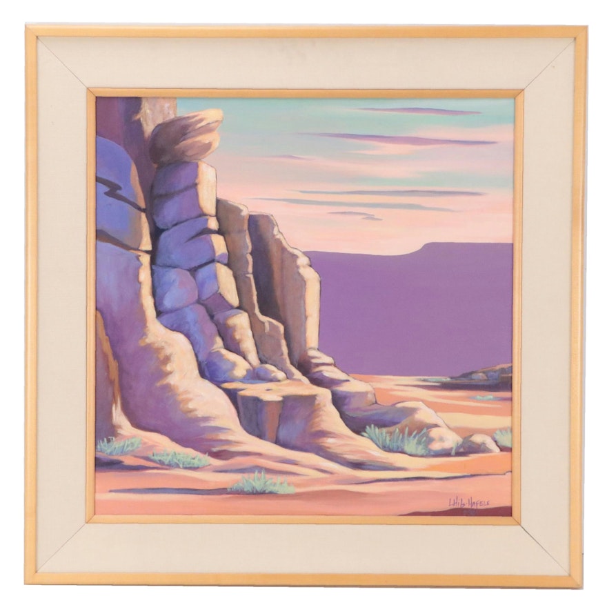 L. Hils Hafele Desert Landscape Acrylic Painting, 1990