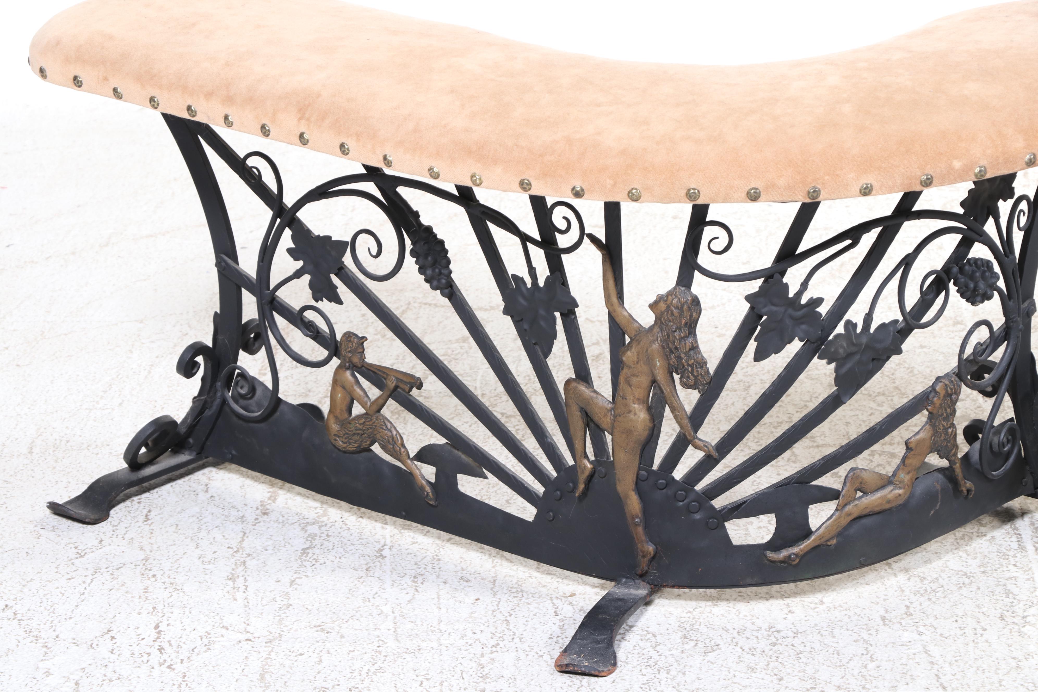 Pair of Bacchanalian Motif Wrought Iron Fireplace Fender Benches