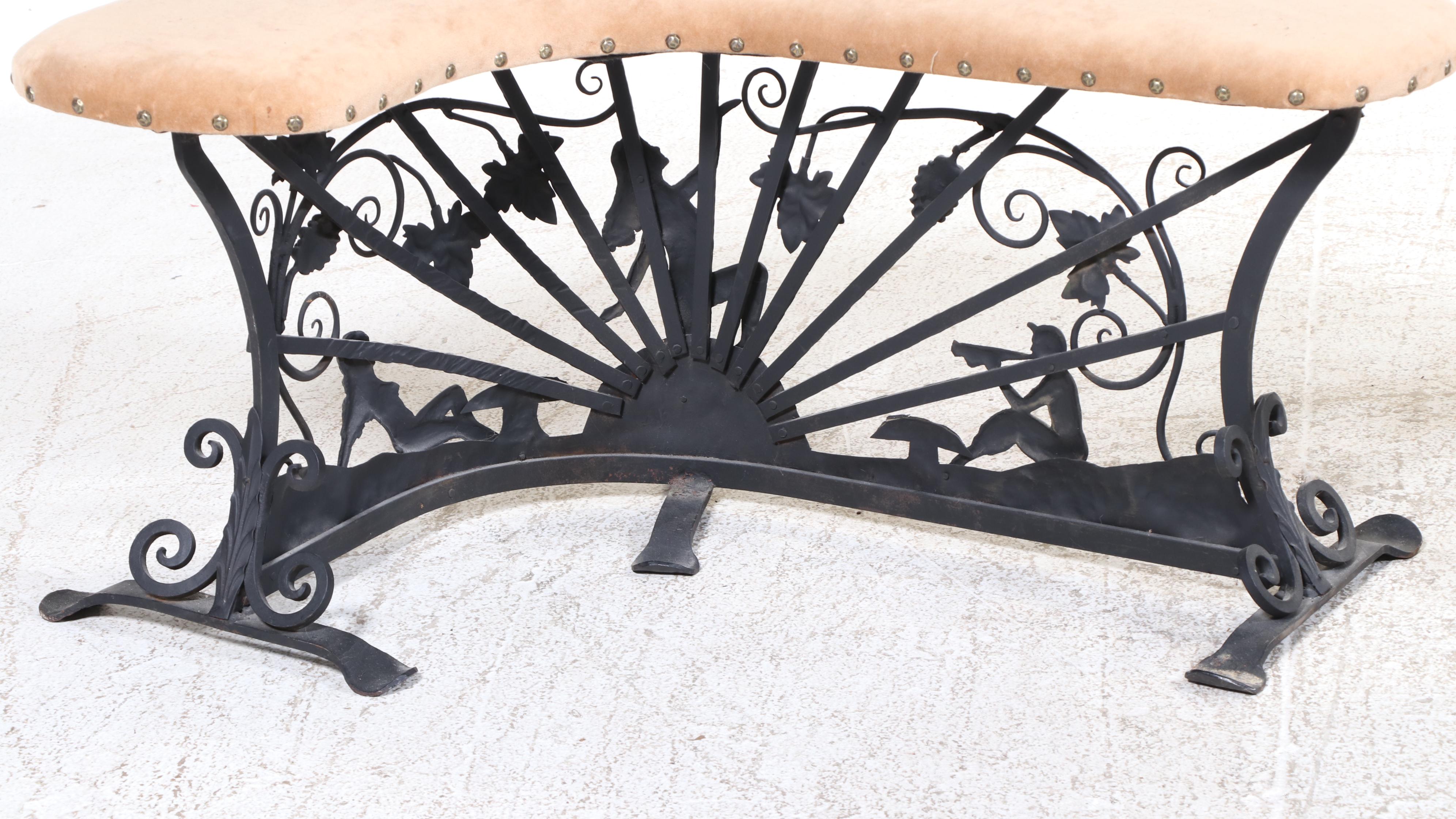 Pair of Bacchanalian Motif Wrought Iron Fireplace Fender Benches