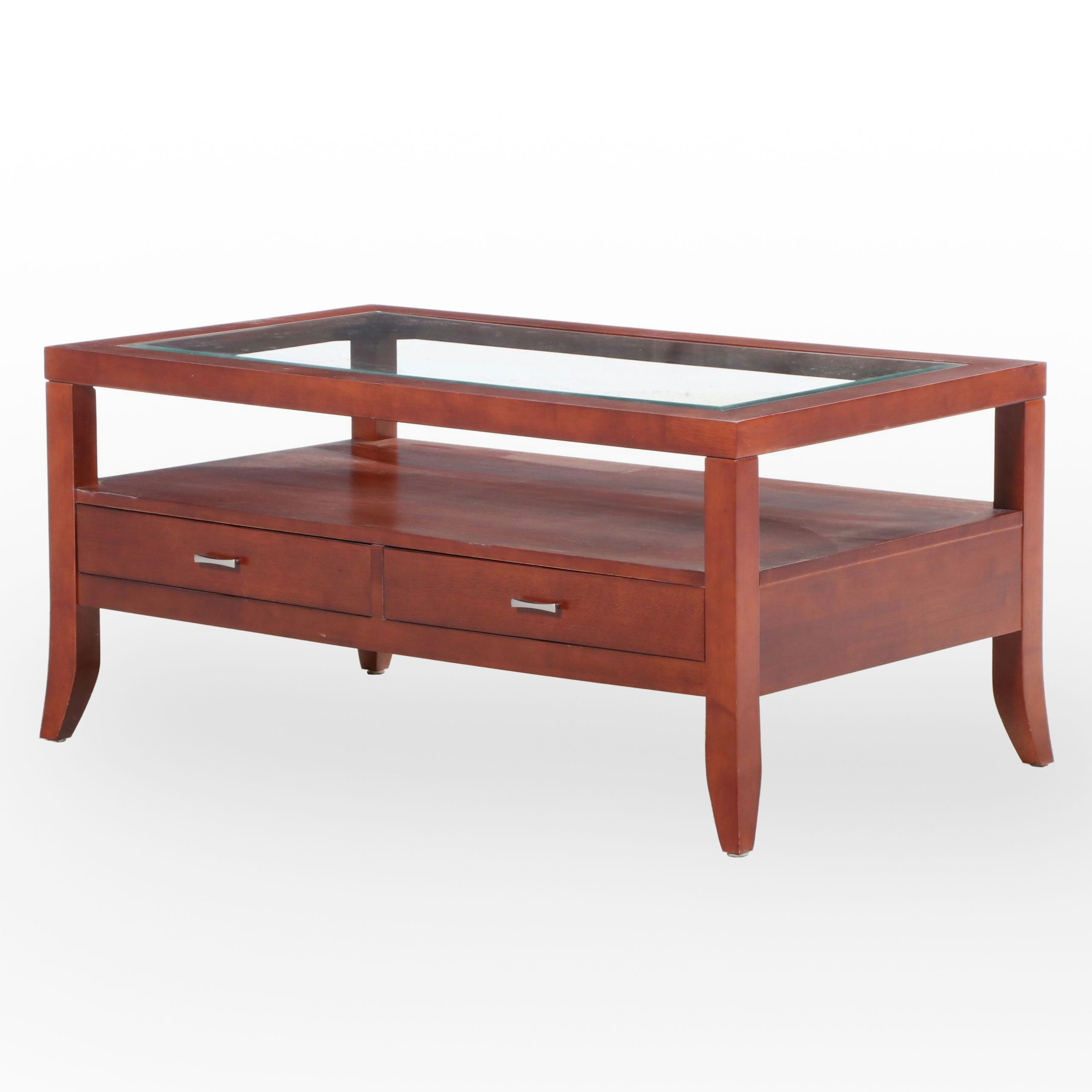 Contemporary Hardwood Two-Drawer Coffee Table with Glass Top