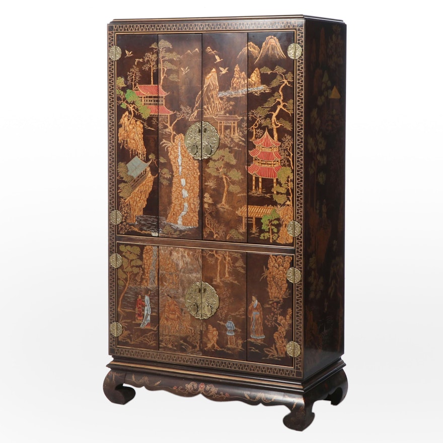 Henredon Brass-Mounted and Chinoiserie-Decorated Elm Media Cabinet, Late 20th C.