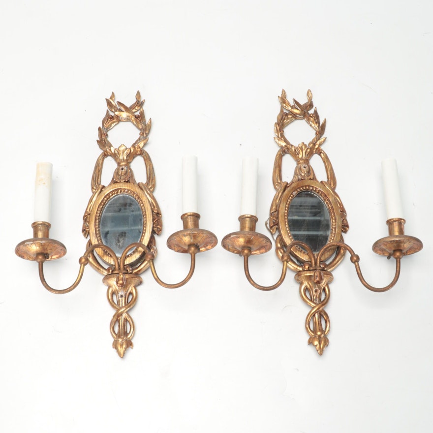 Pair of Giltwood and Mirror Double-Arm Wall Sconces With Pull Chains