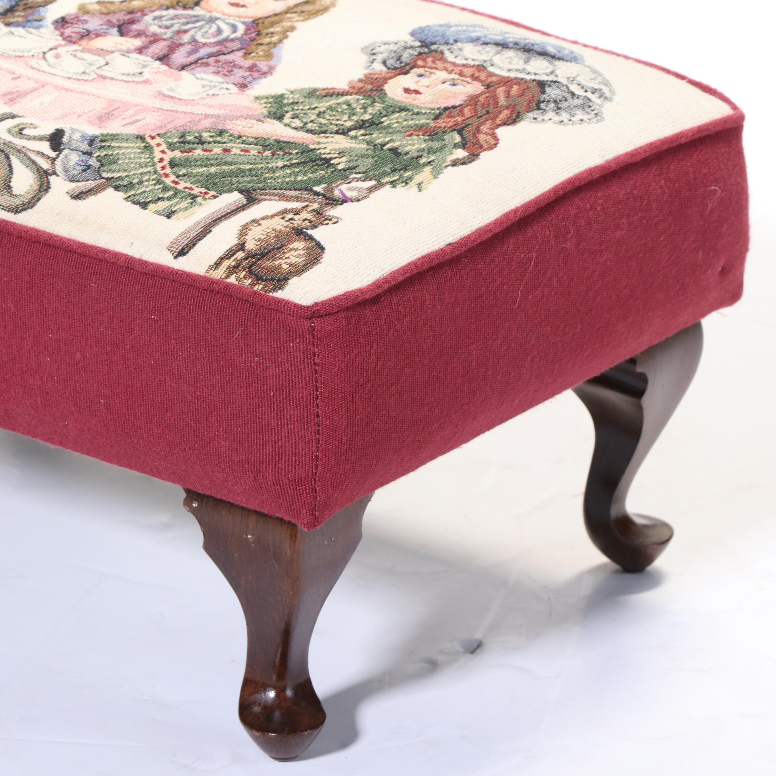 Queen Anne Style Footstool with Doll-Motif Tapestry Upholstery