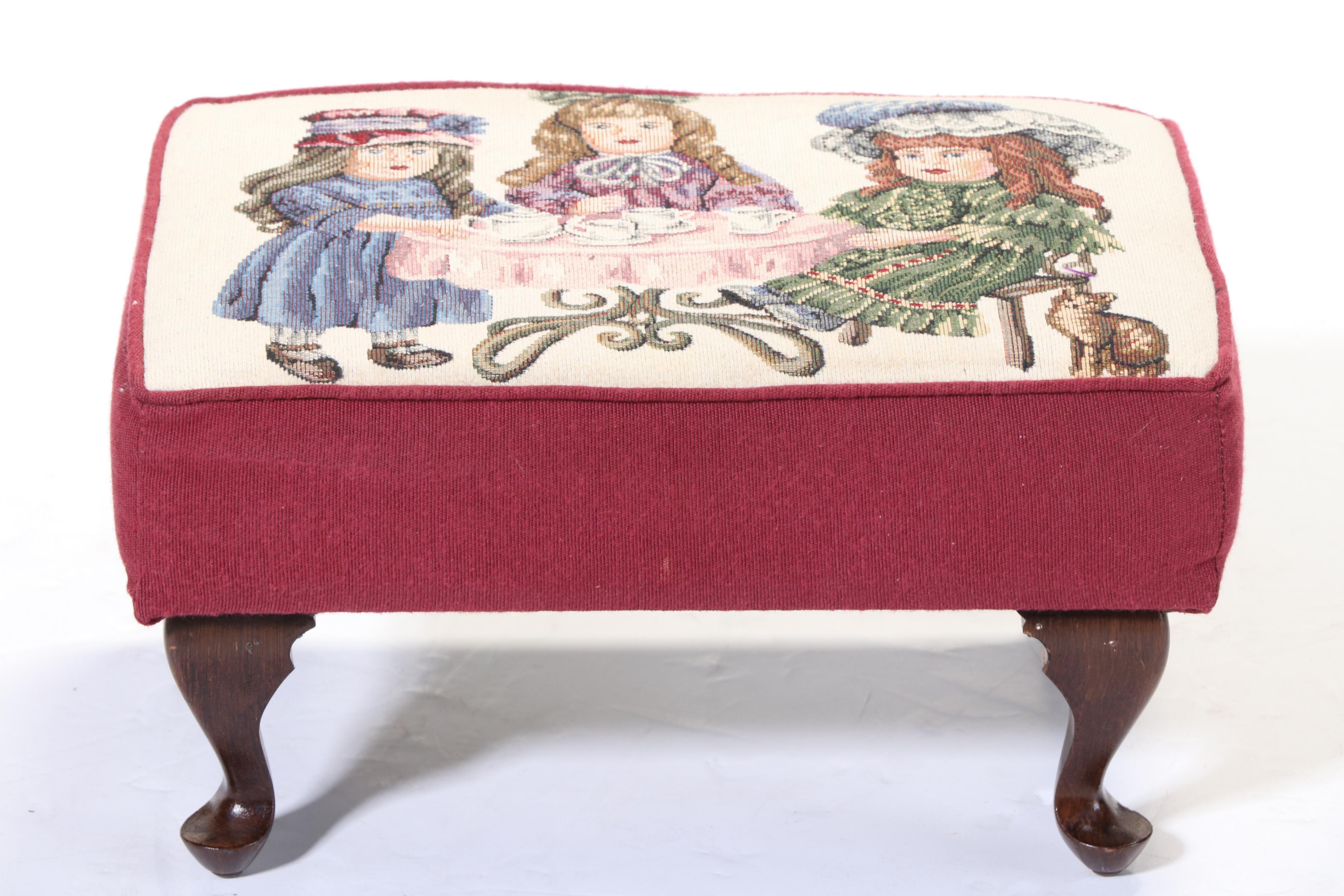 Queen Anne Style Footstool with Doll-Motif Tapestry Upholstery