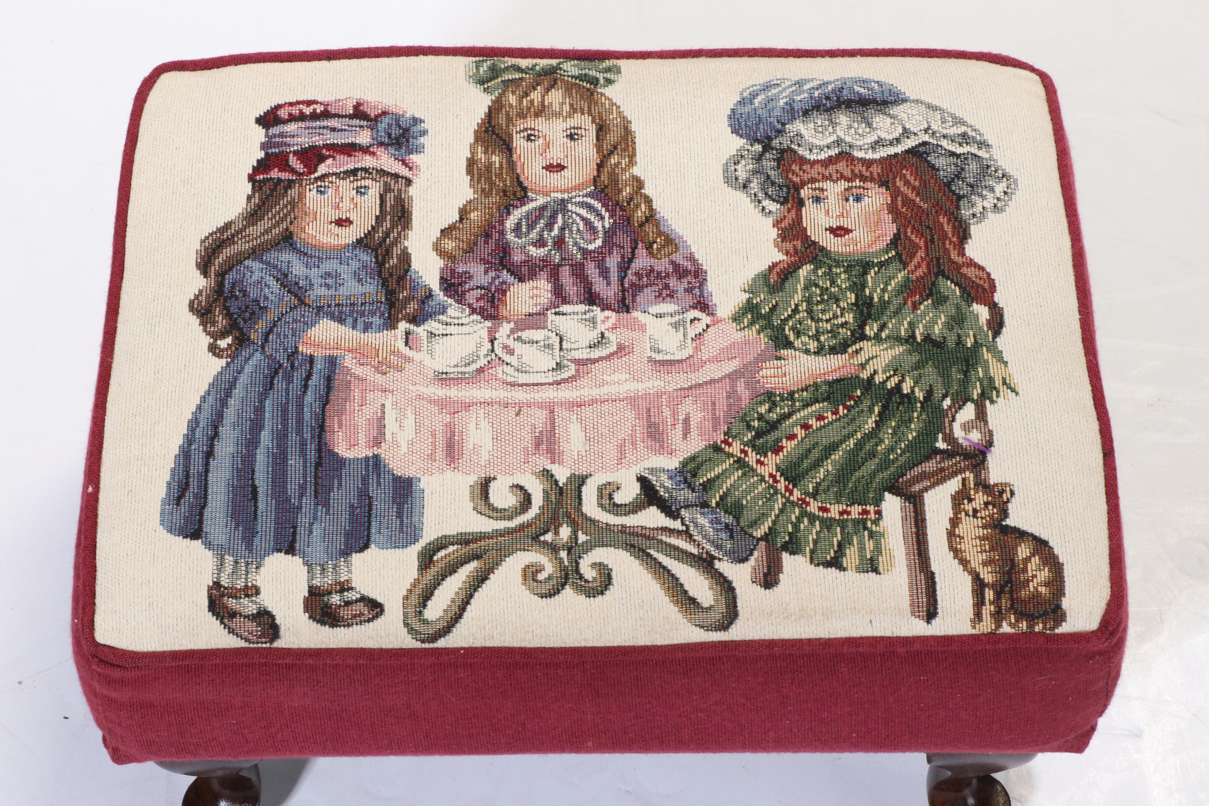 Queen Anne Style Footstool with Doll-Motif Tapestry Upholstery