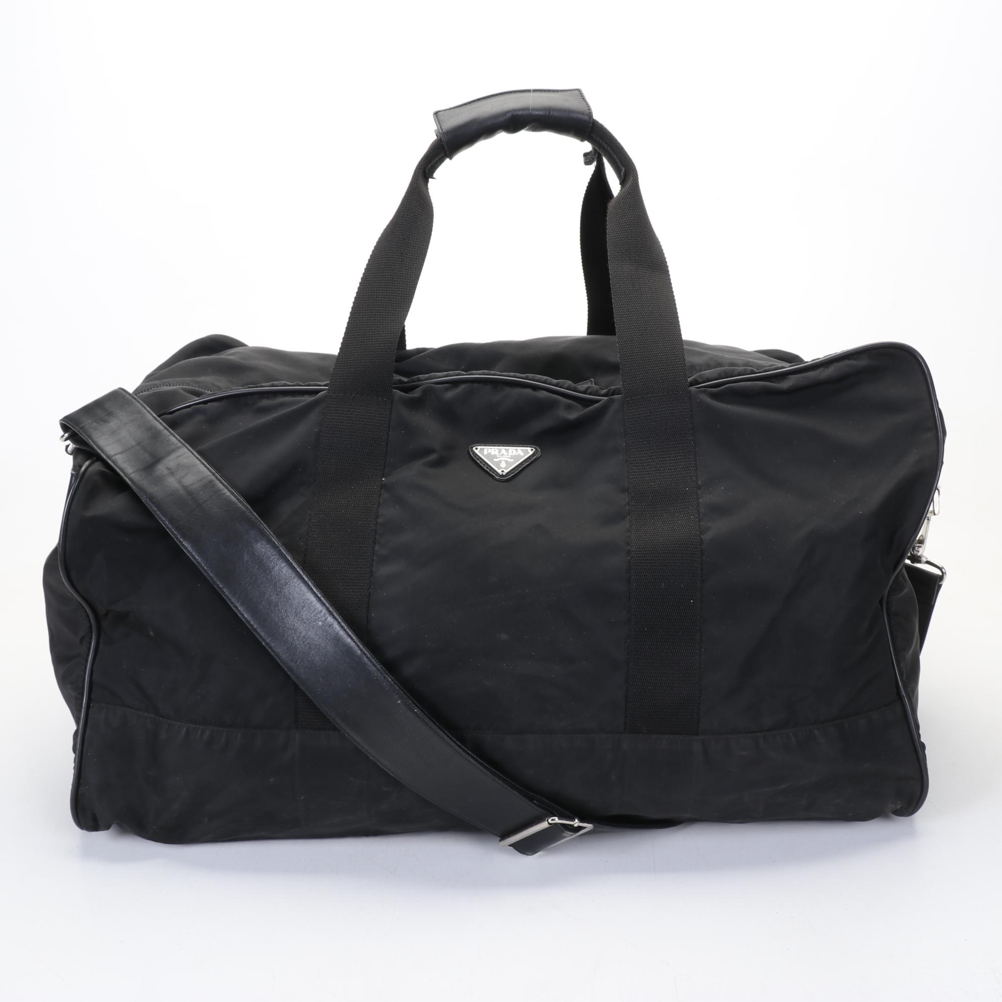 Prada Black Nylon and Saffiano Duffel Bag With Handle and Shoulder Strap