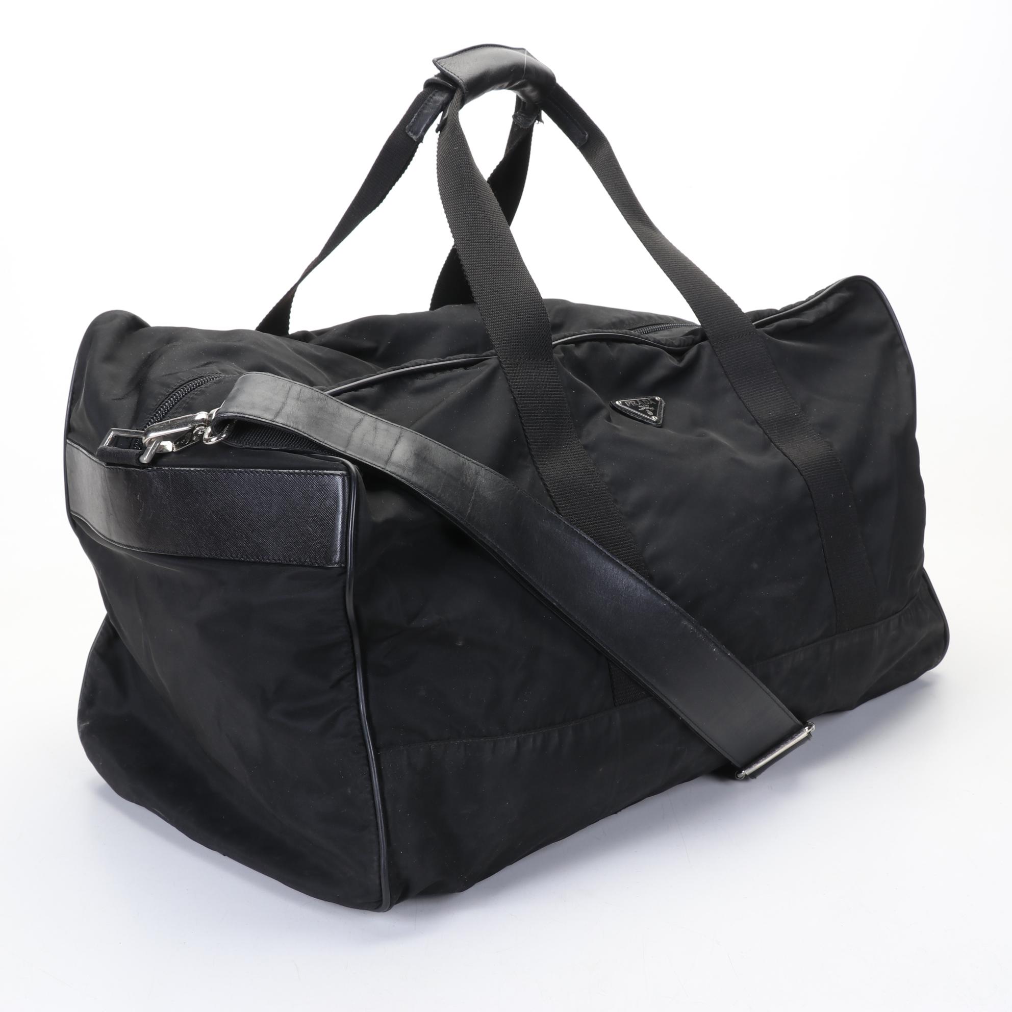 Prada Black Nylon and Saffiano Duffel Bag With Handle and Shoulder Strap