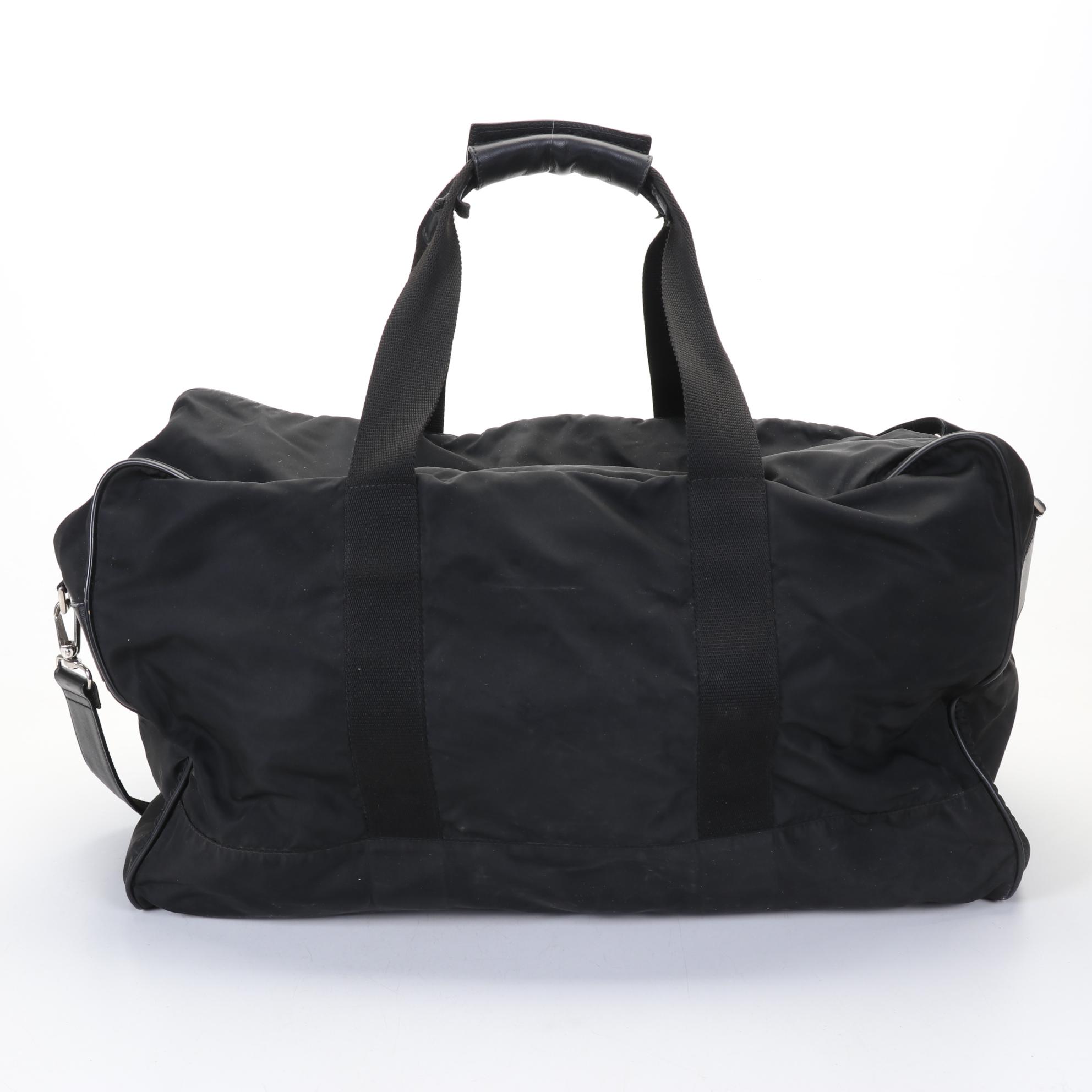 Prada Black Nylon and Saffiano Duffel Bag With Handle and Shoulder Strap