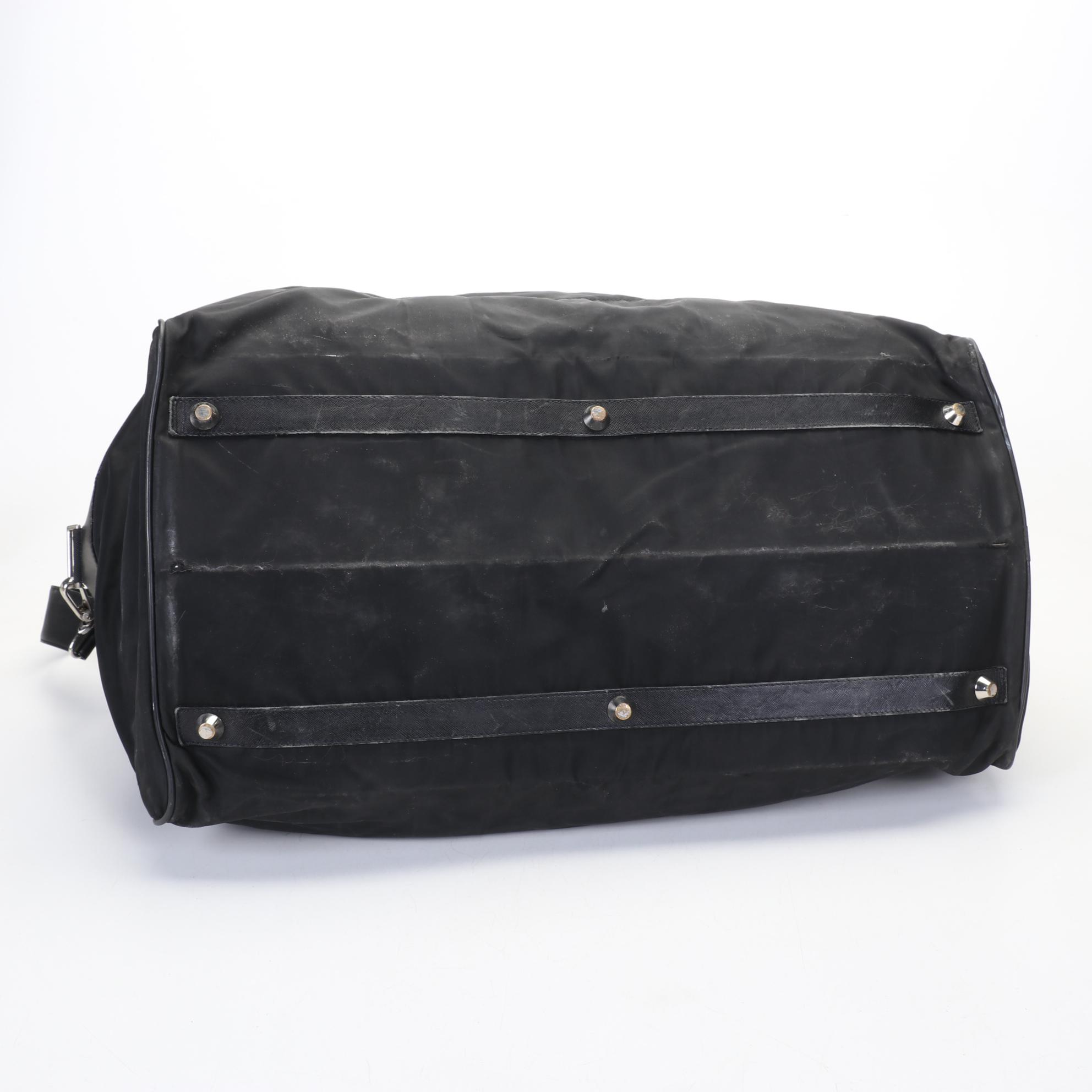 Prada Black Nylon and Saffiano Duffel Bag With Handle and Shoulder Strap