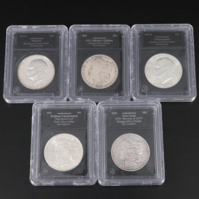 Group of Slabbed U.S. Silver Dollars, Morgan, Peace, Eisenhower