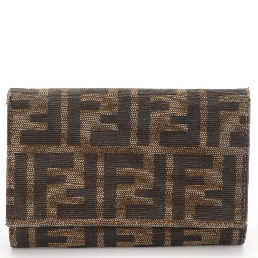 Fendi Front Flap Accordion Wallet in Tobacco Zucca Canvas and Brown Leather