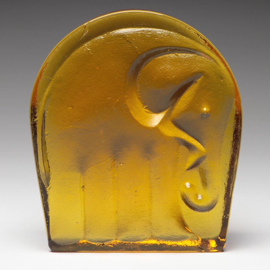 Blenko Pressed Amber Glass Elephant Bookend, Mid-20th C.