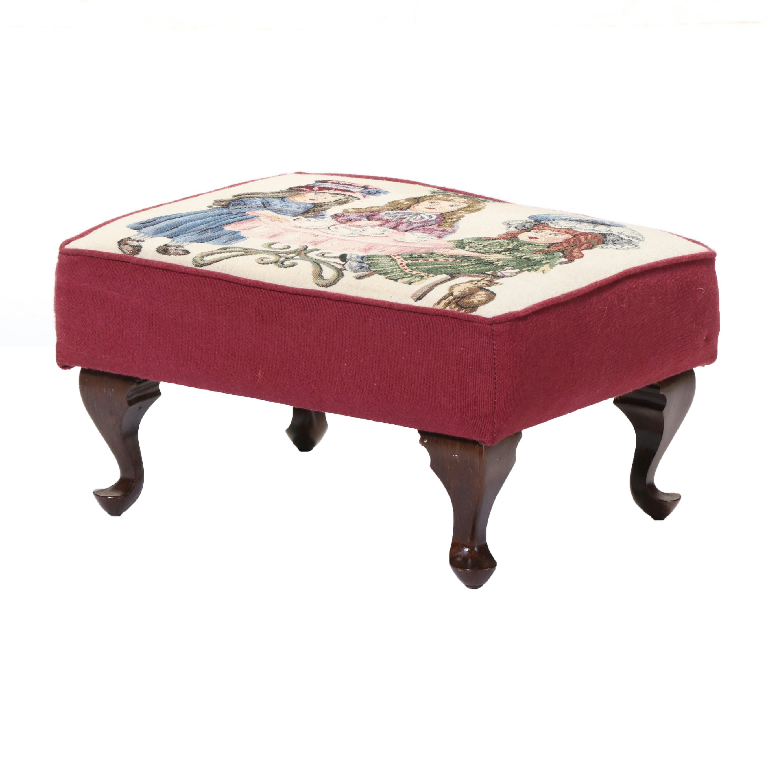 Queen Anne Style Footstool with Doll-Motif Tapestry Upholstery
