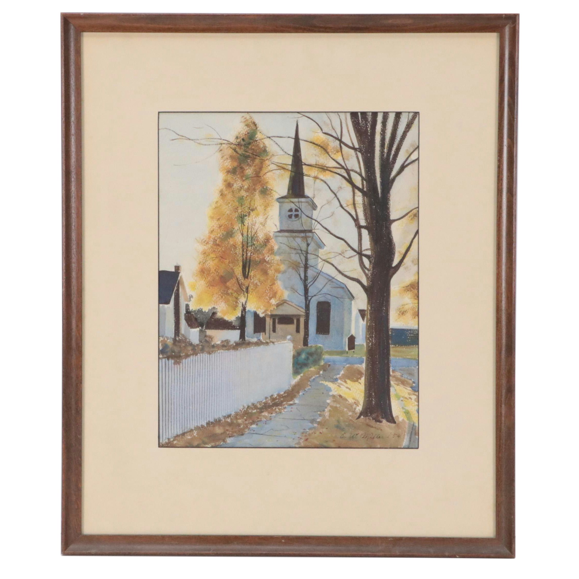 Elmer W. Miller Watercolor Painting of Church, 1954