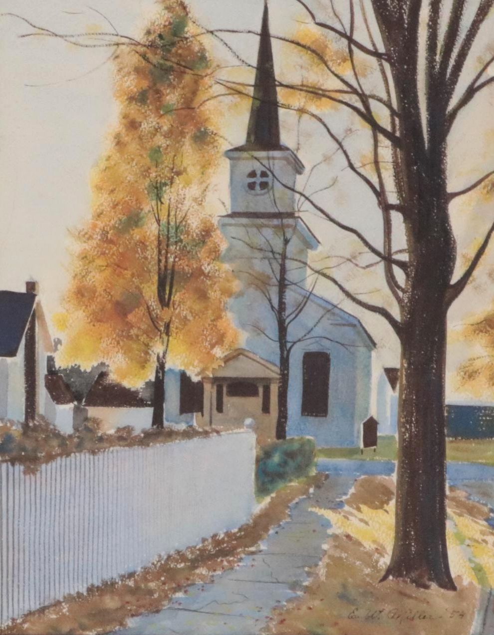 Elmer W. Miller Watercolor Painting of Church, 1954