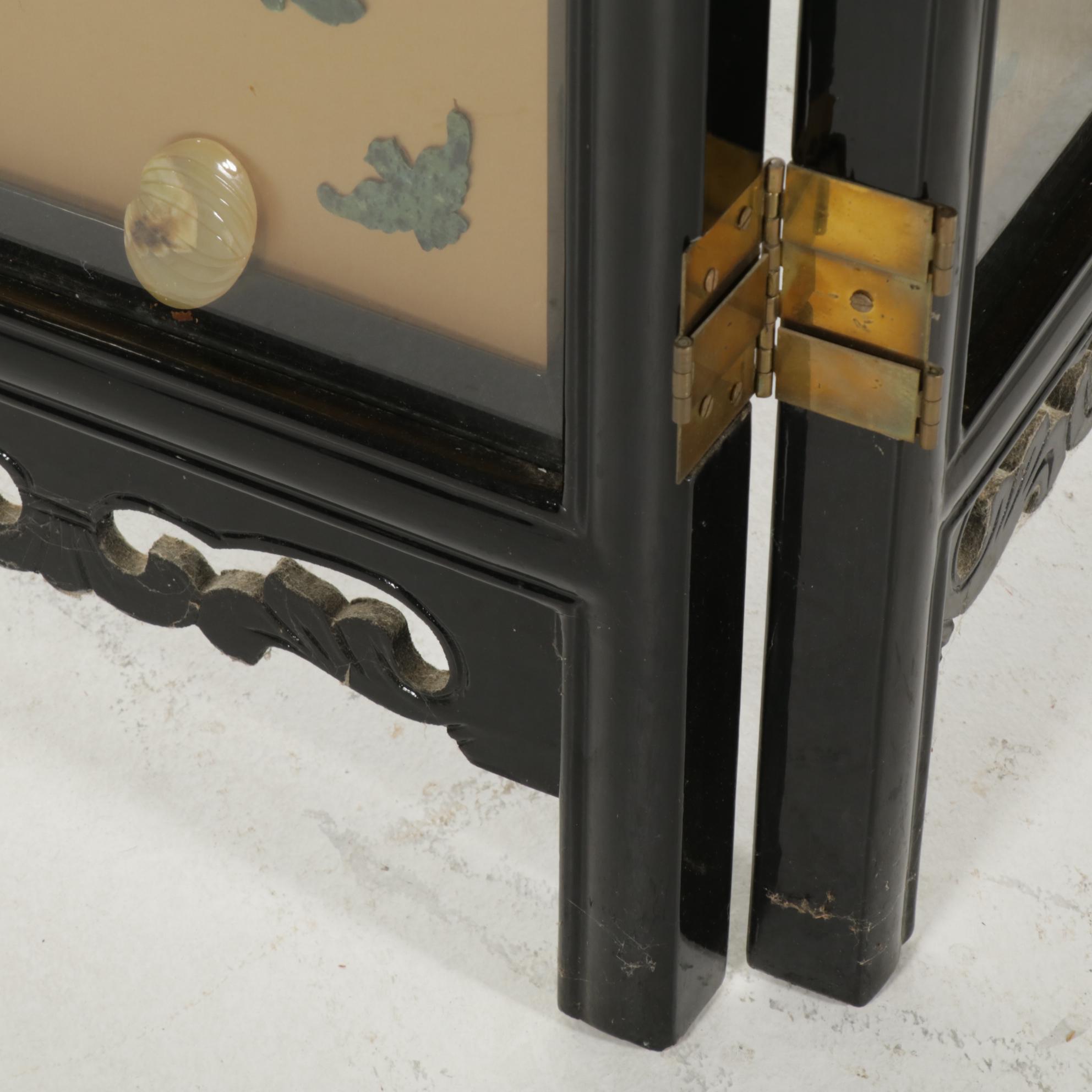 Chinese Lacquered, Paint-Decorated and Stone-Appliqué Folding Screen