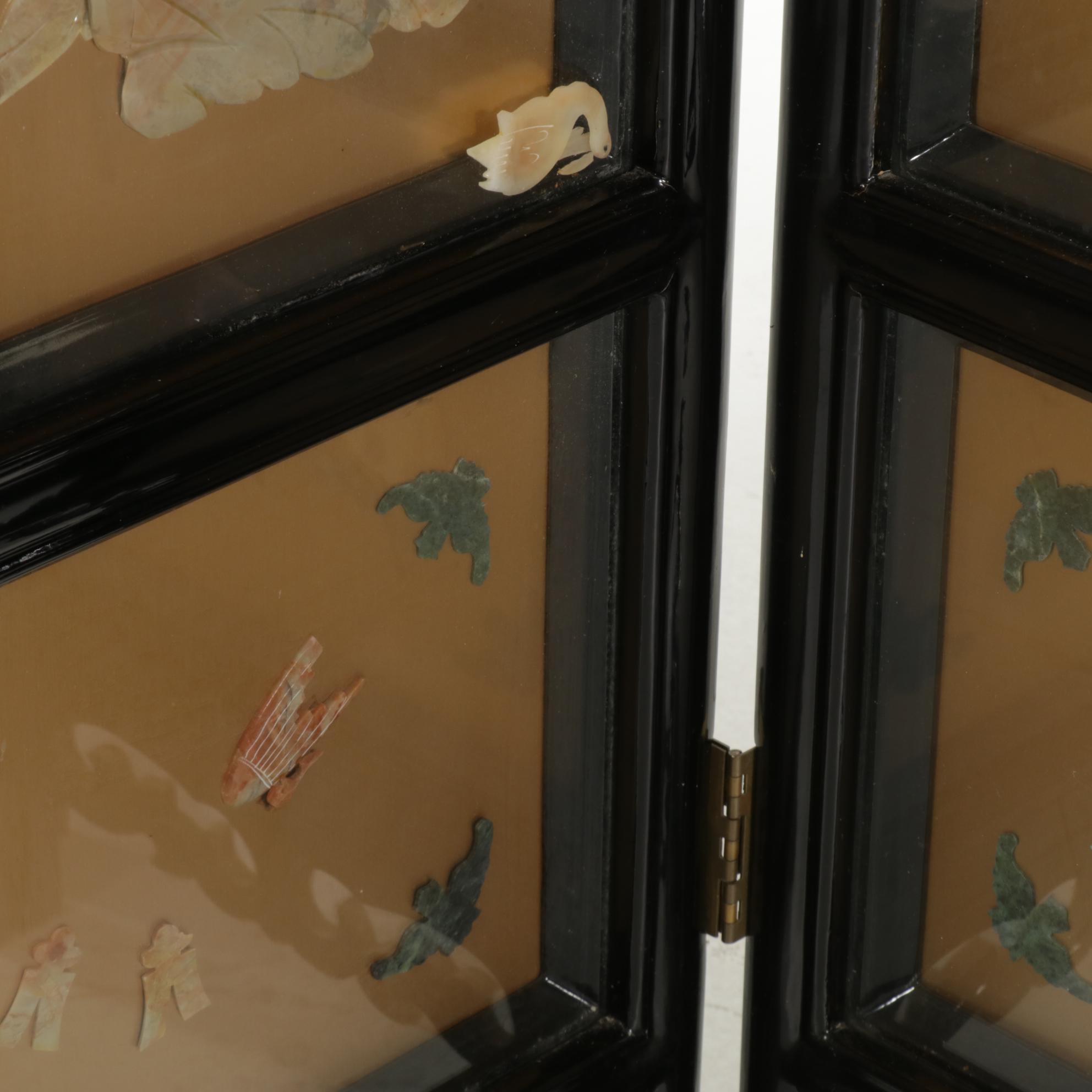 Chinese Lacquered, Paint-Decorated and Stone-Appliqué Folding Screen