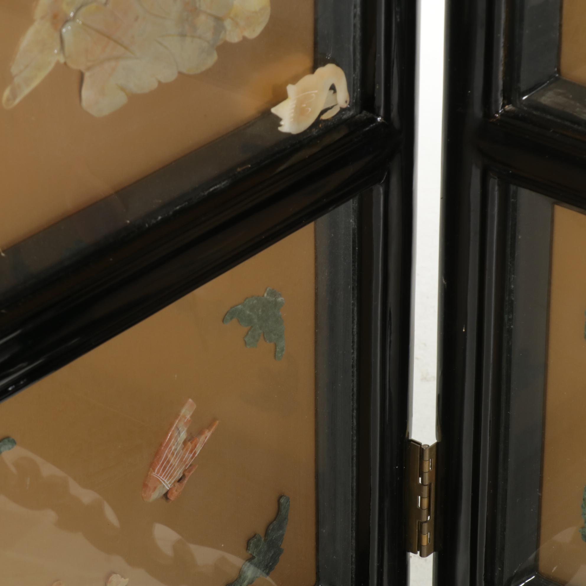 Chinese Lacquered, Paint-Decorated and Stone-Appliqué Folding Screen