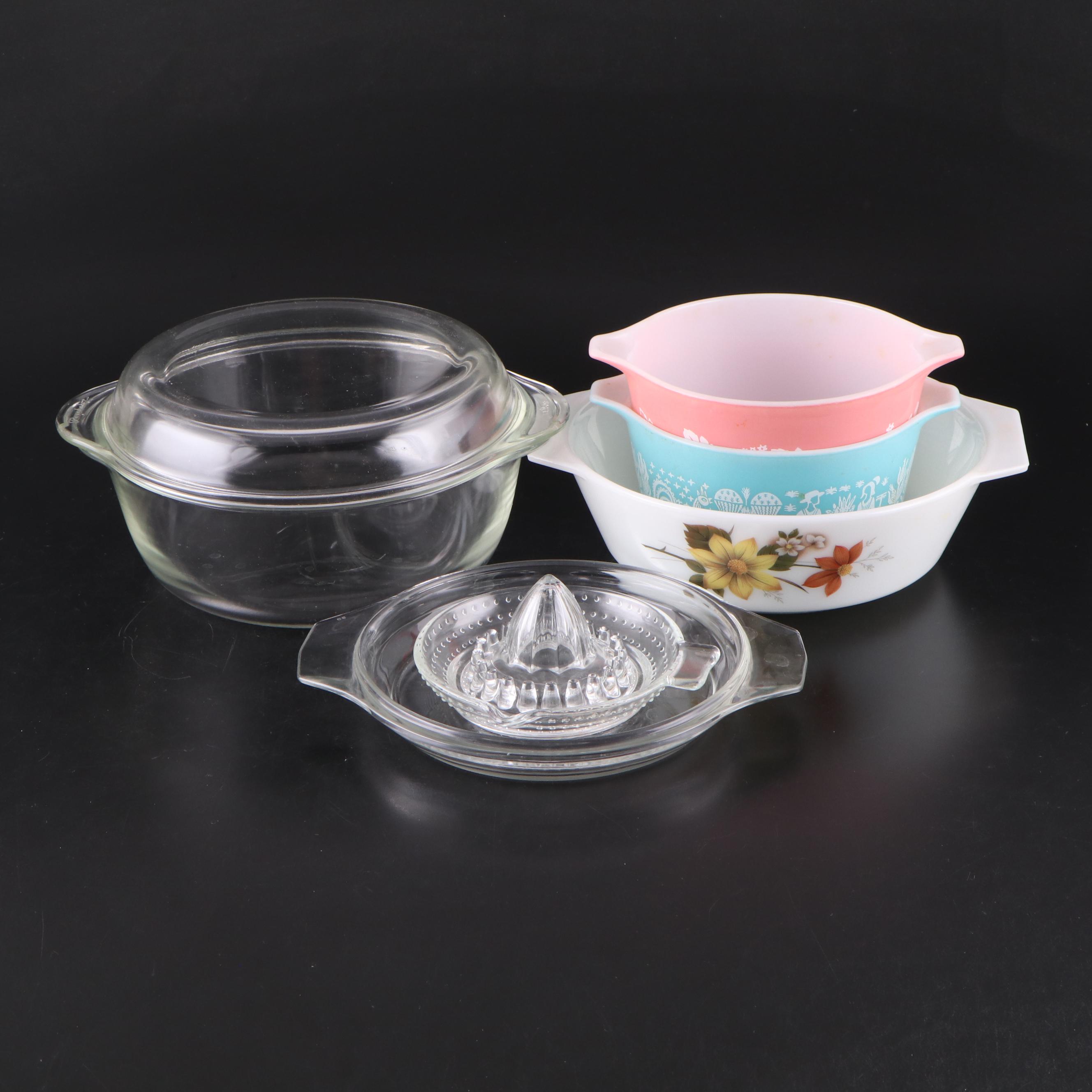 Pyrex "Butterprint" and "Gooseberry" with Other Glass Casseroles and Juicer